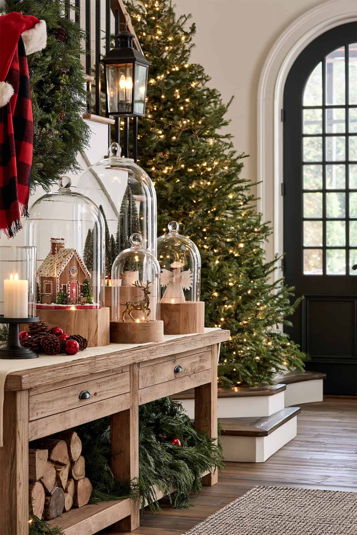Christmas Cloche Displays on the Entry Table