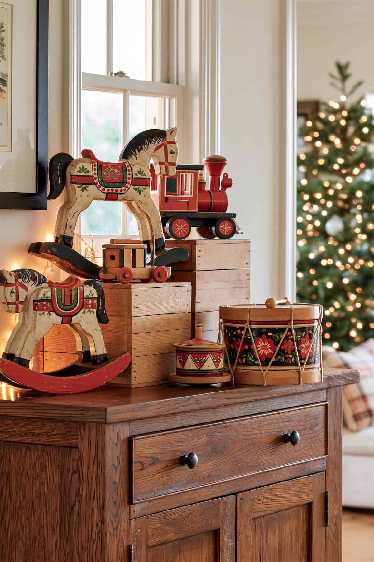 Vintage Christmas Toys on the Entry Table