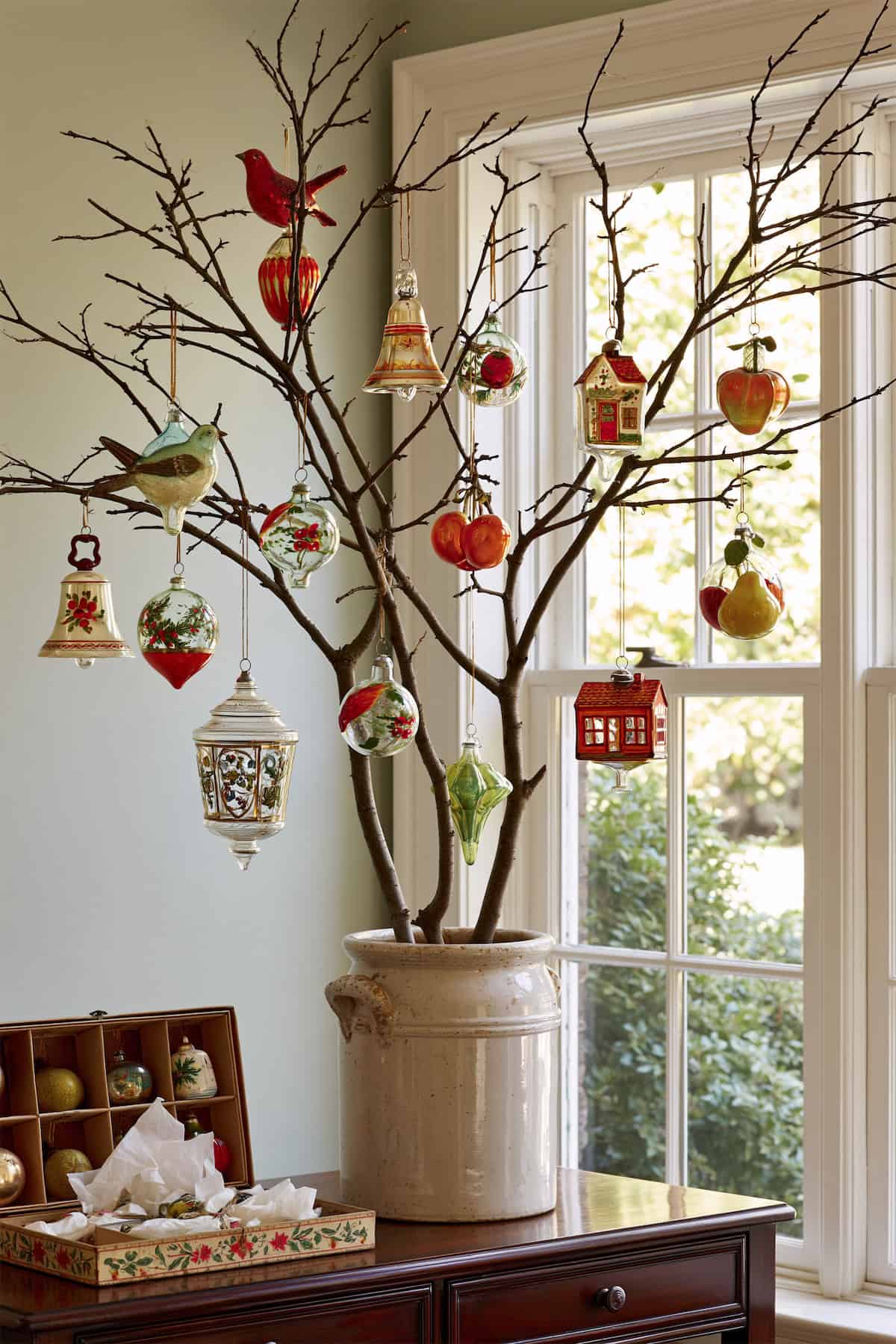 Heirloom Ornaments Above the Christmas Entry Table
