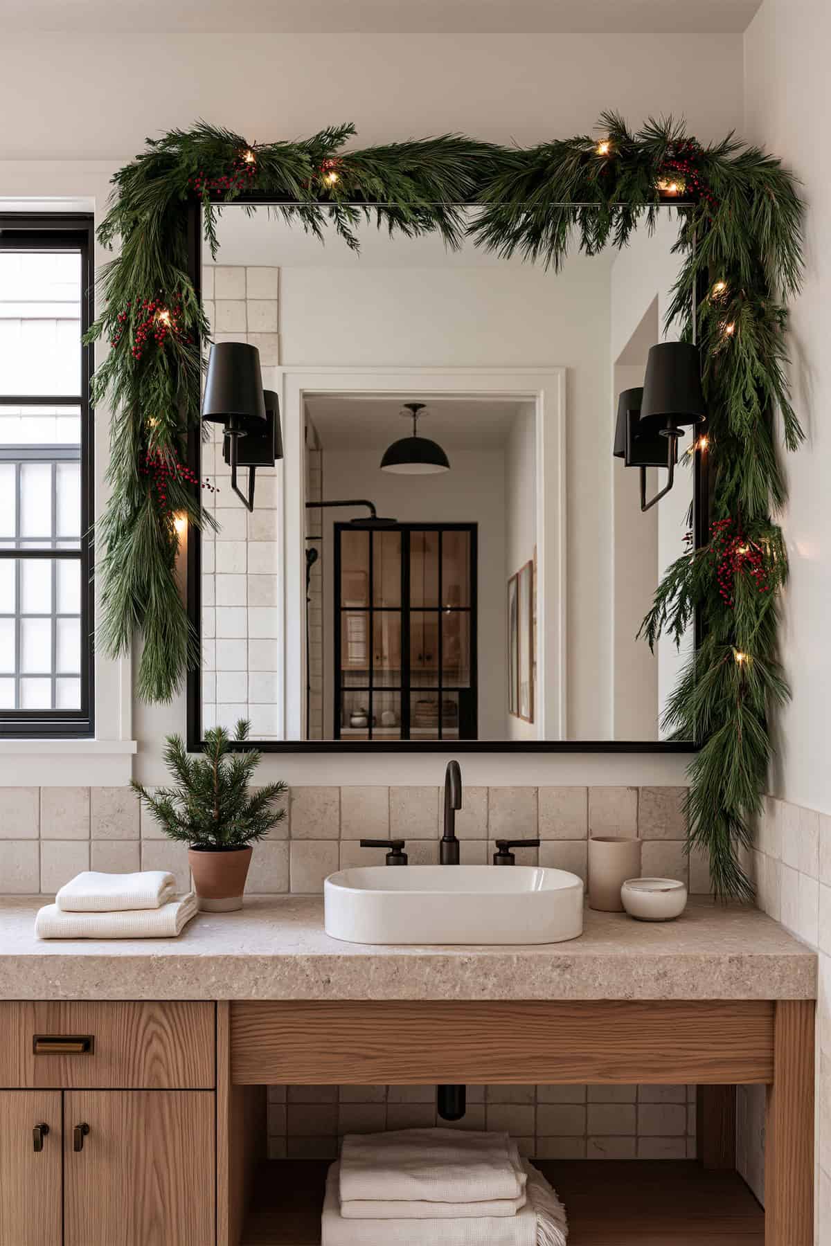 Garland Above the Bathroom Mirror at Christmas