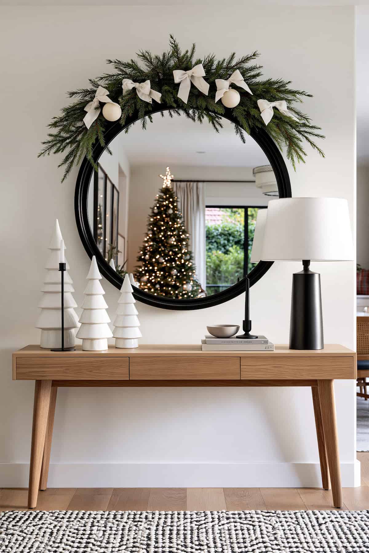 White Bows for a Round Christmas Mirror