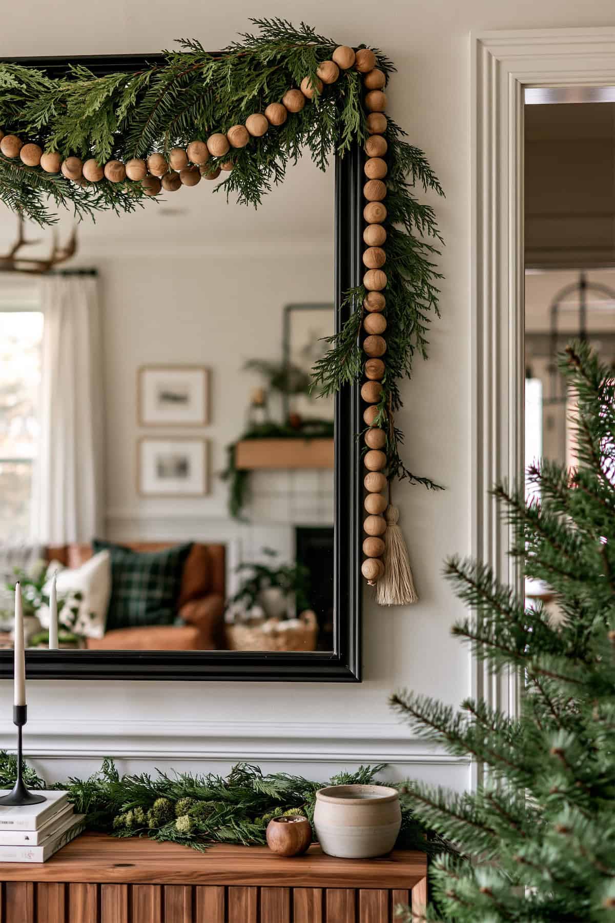 Wooden Beads on the Christmas Mirror