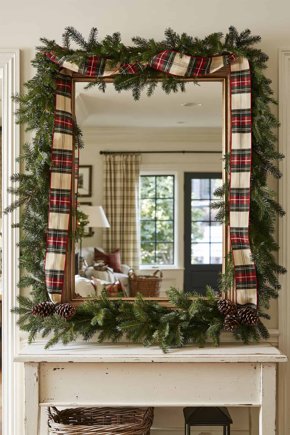 Plaid Ribbon on a Christmas Mirror