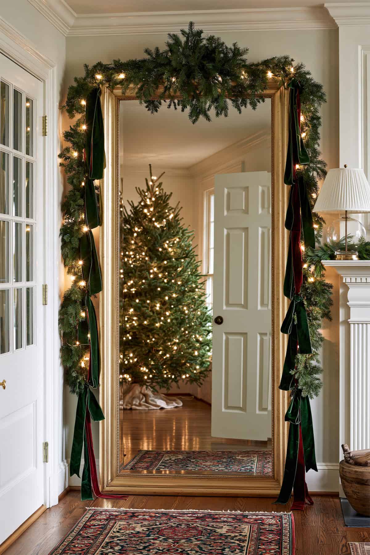 Velvet Ribbon Beside a Tall Christmas Mirror