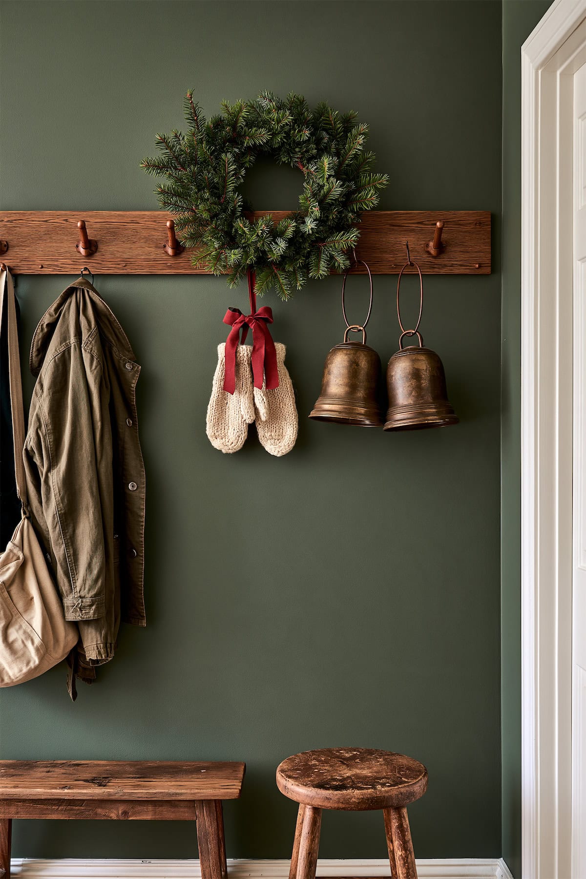 Bells and Mittens on the Holiday Peg Rail