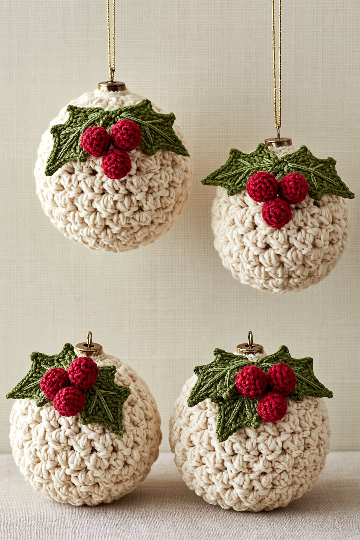 Holly-Topped Crochet Baubles