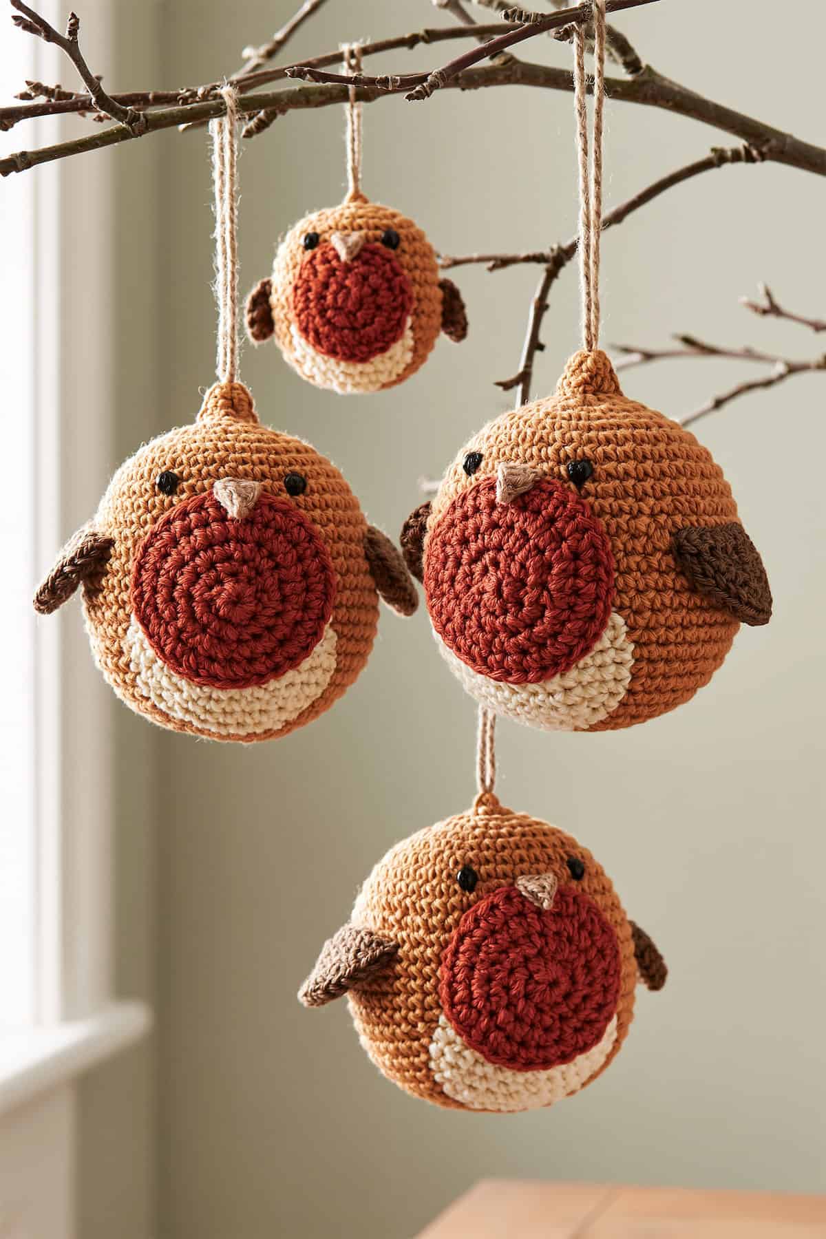 Robin Crochet Baubles on Bare Branches