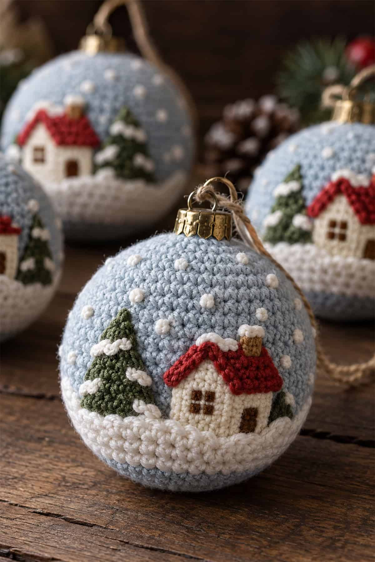 Snowy Cottage Crochet Baubles