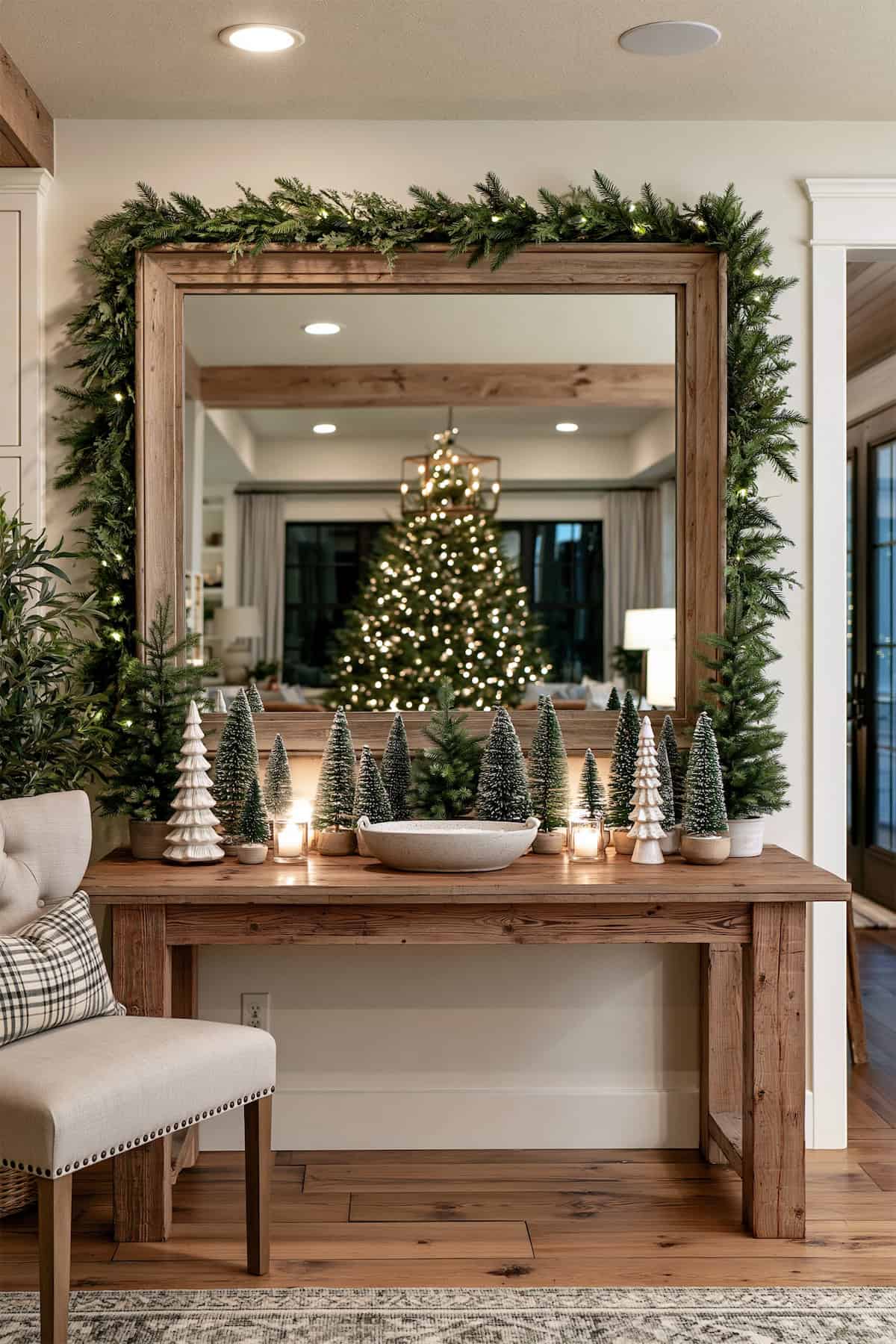 Mini Trees Beneath a Holiday Mirror