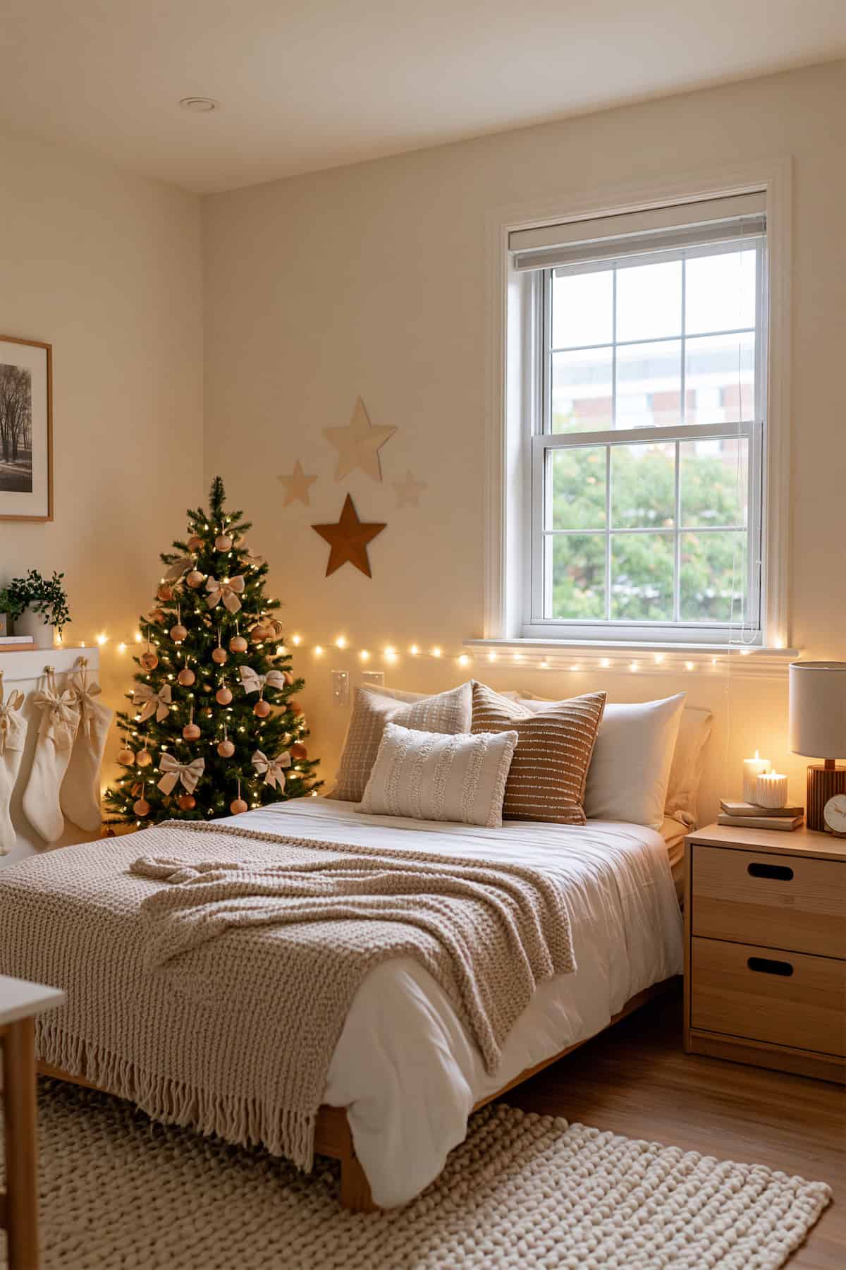 Neutral Christmas Decor Beside a Dorm Bed