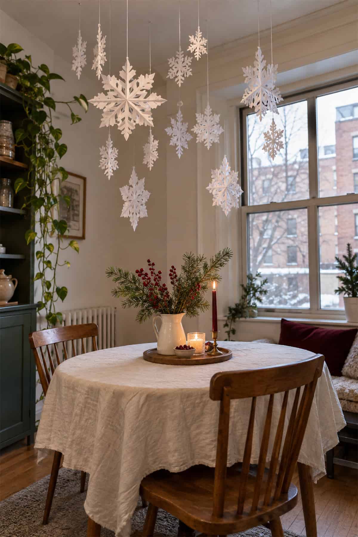 Paper Snowflakes Above the Christmas Table