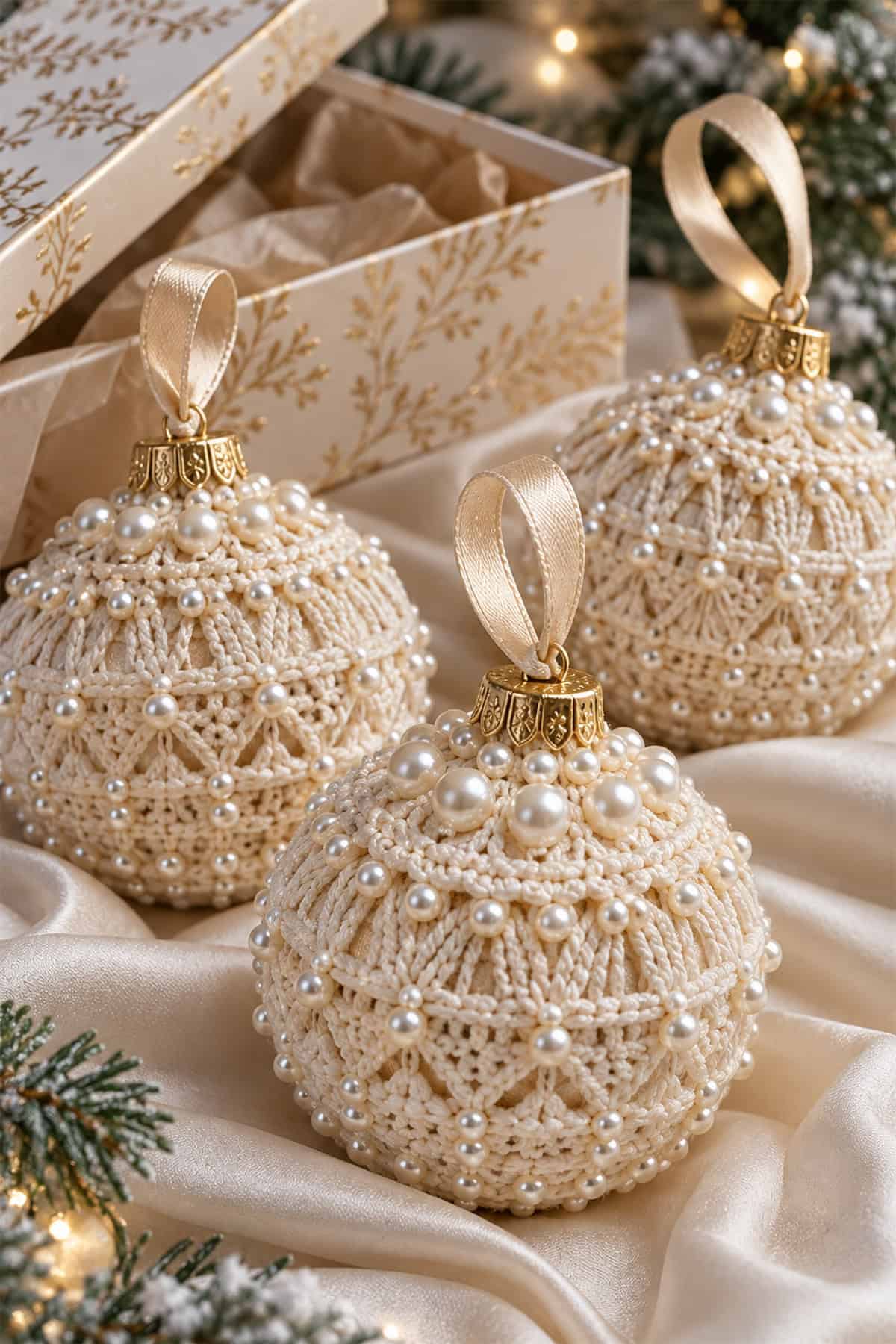 Pearl-Trimmed Crochet Baubles