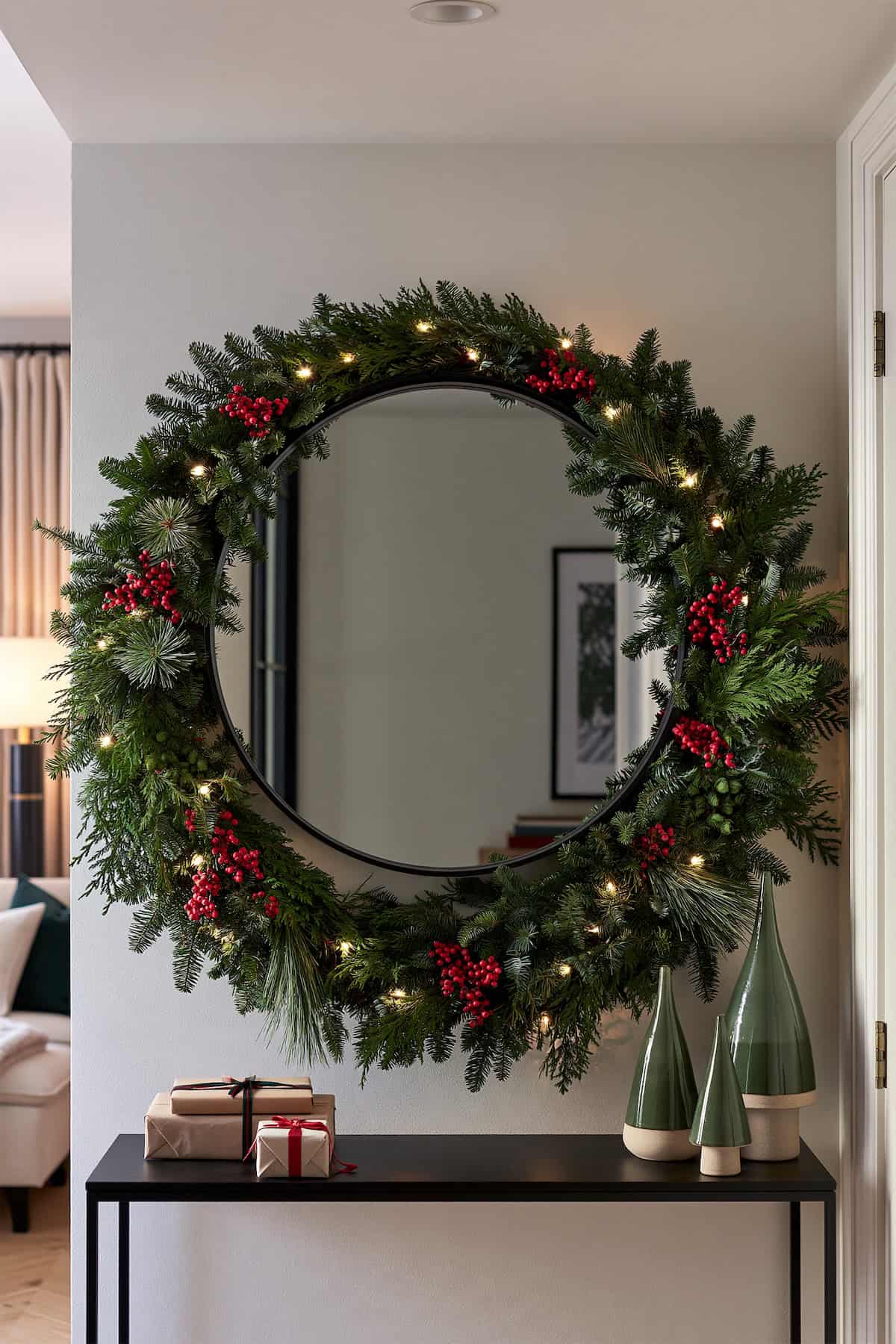 A Round Mirror as a Christmas Wreath