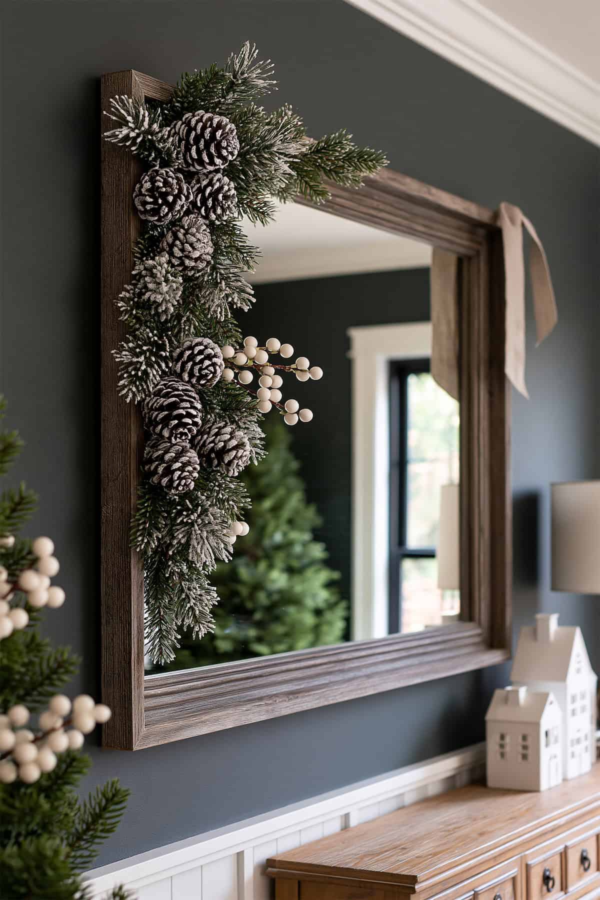 Frosted Pine on a Christmas Mirror