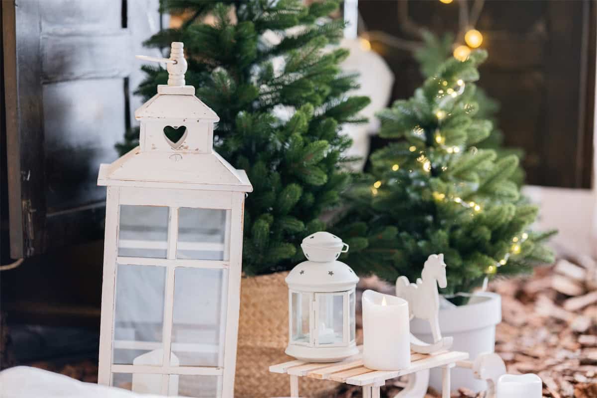 White Christmas Lanterns and Mini Trees