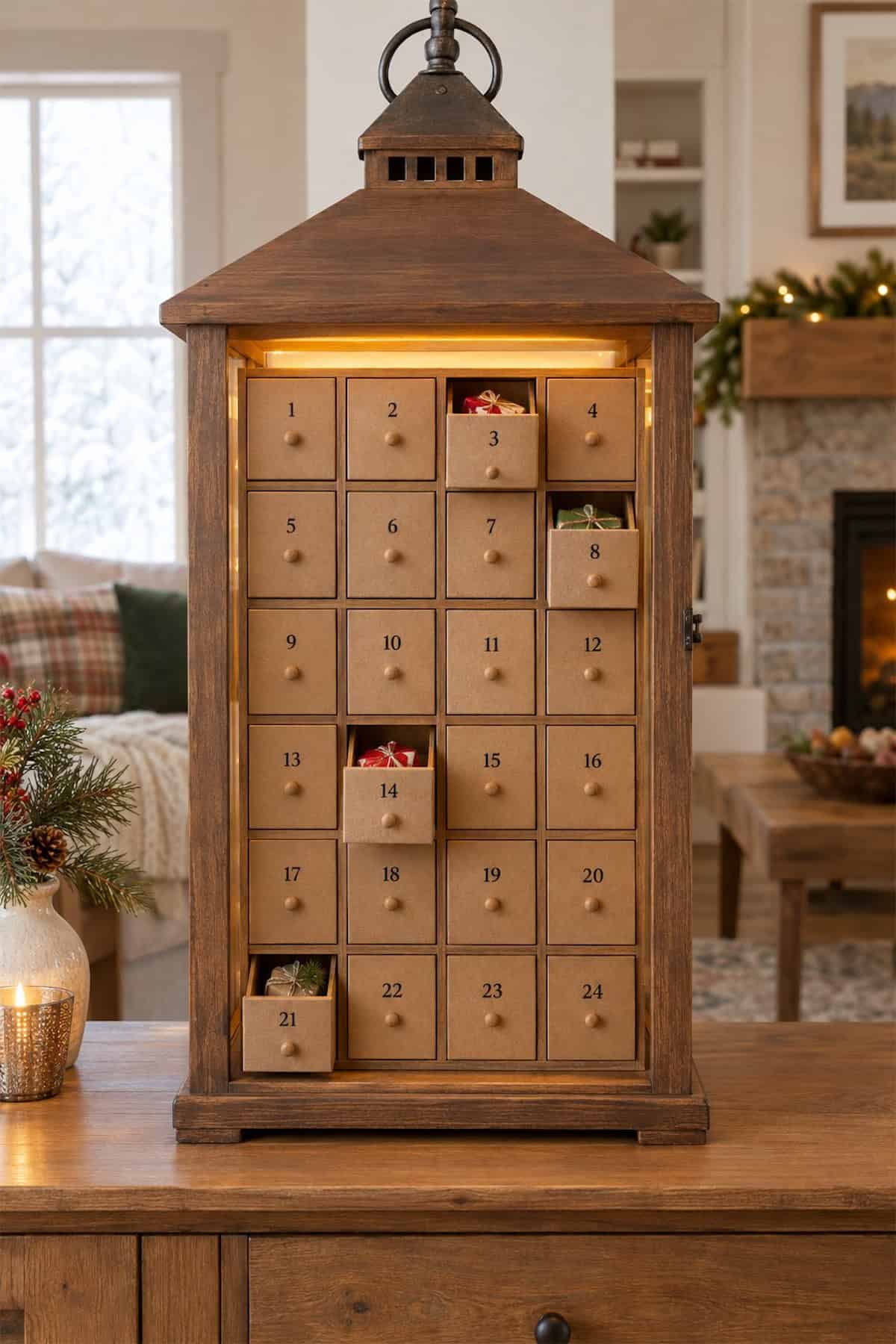 Tiny Drawers in a Christmas Countdown Lantern