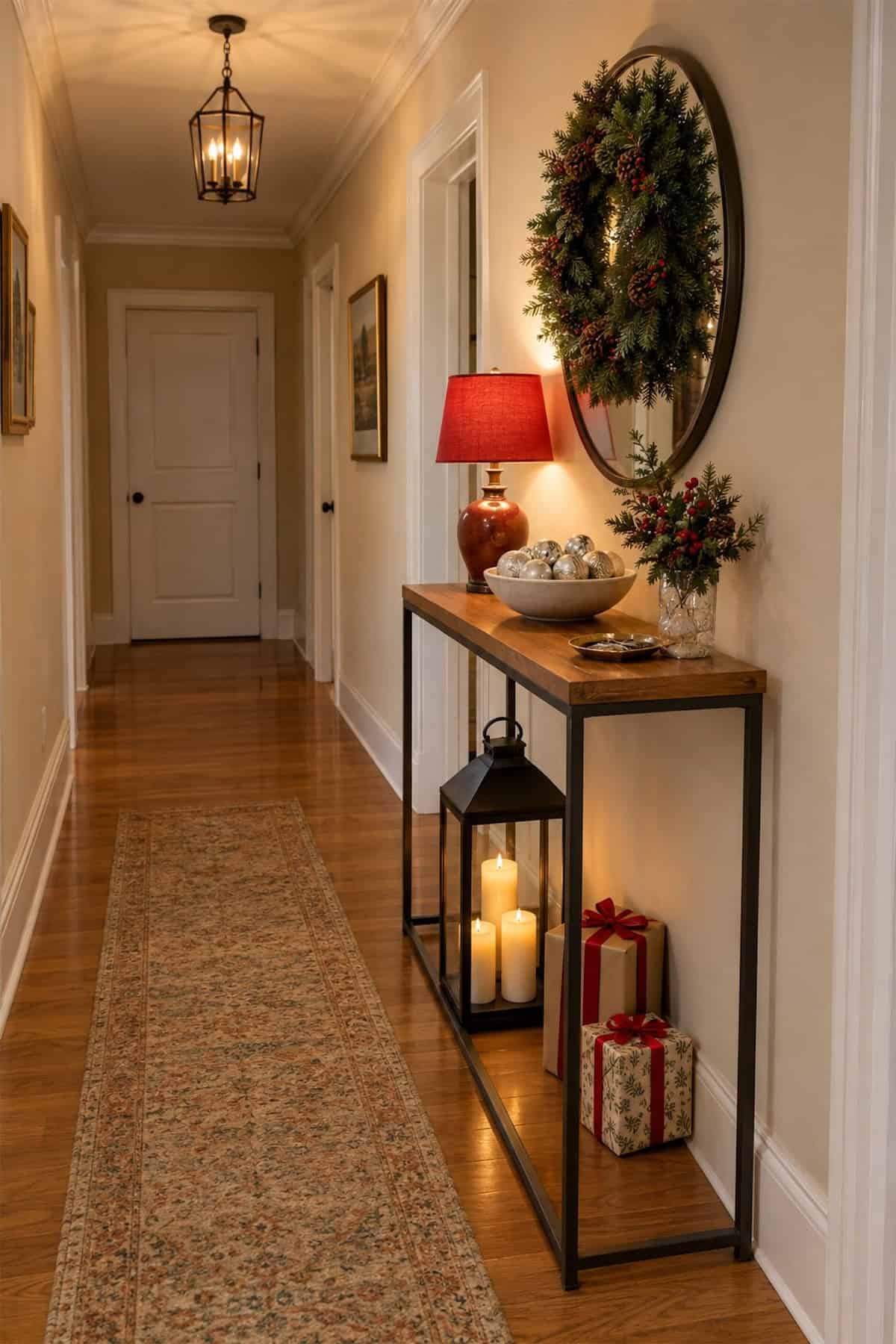 The Christmas Lantern Goes Below the Entry Table