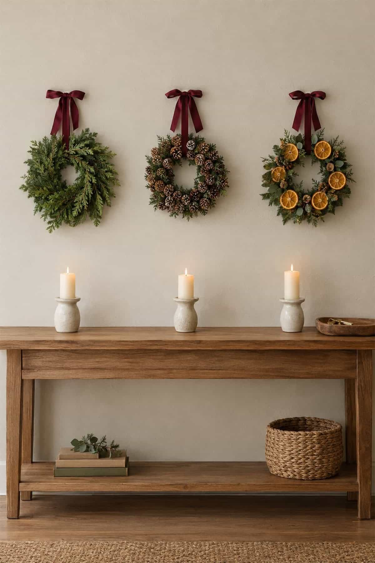 Three Christmas Wreaths Above the Entry Table