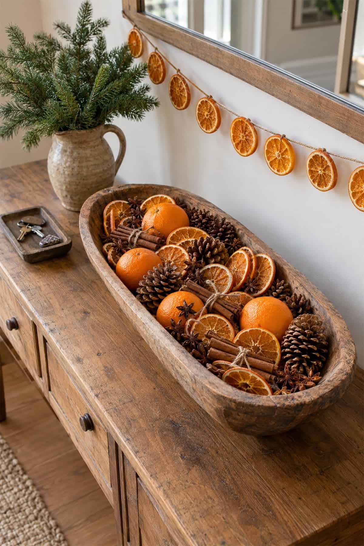 Citrus and Spice on a Christmas Entry Table