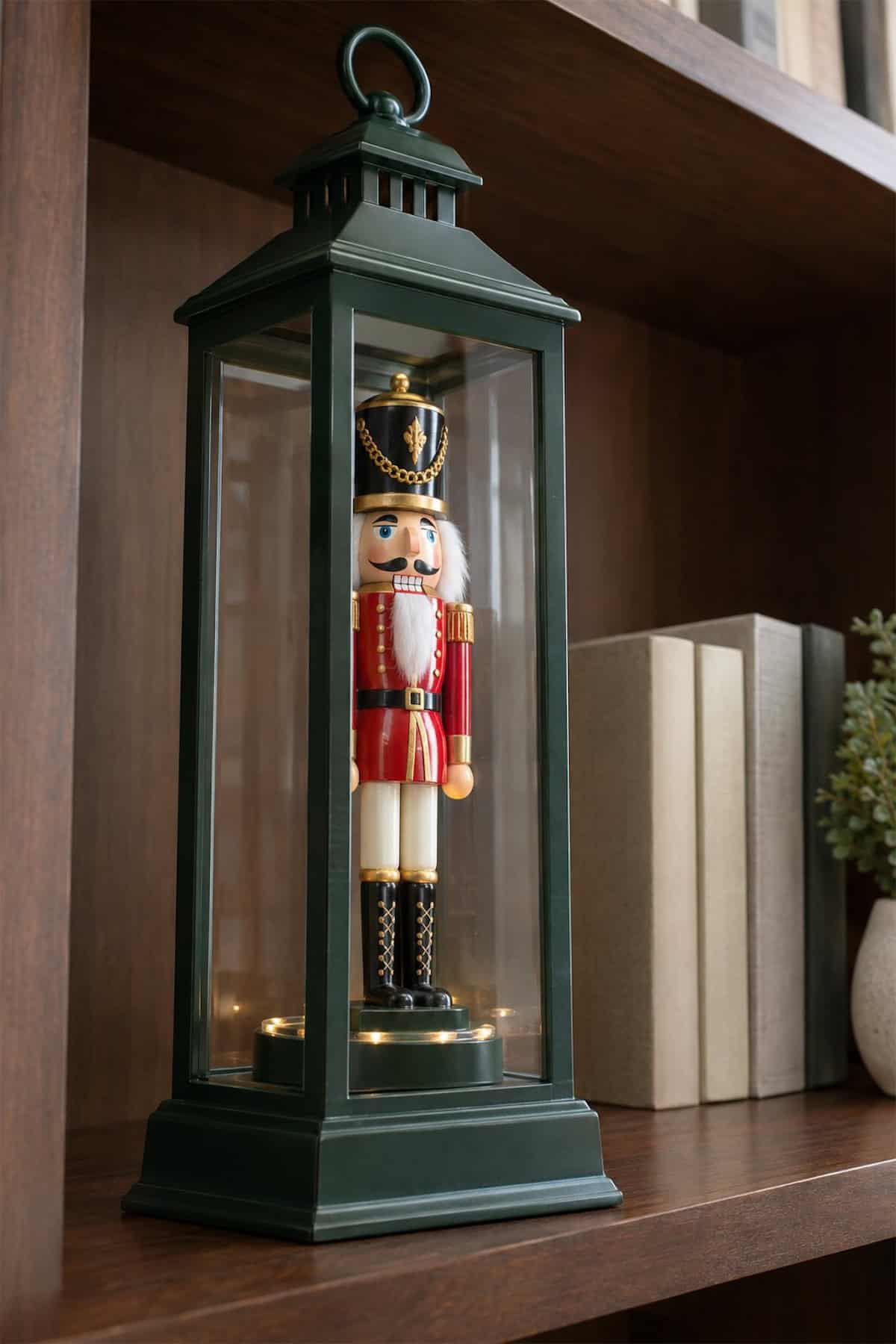Nutcracker Behind Christmas Lantern Glass