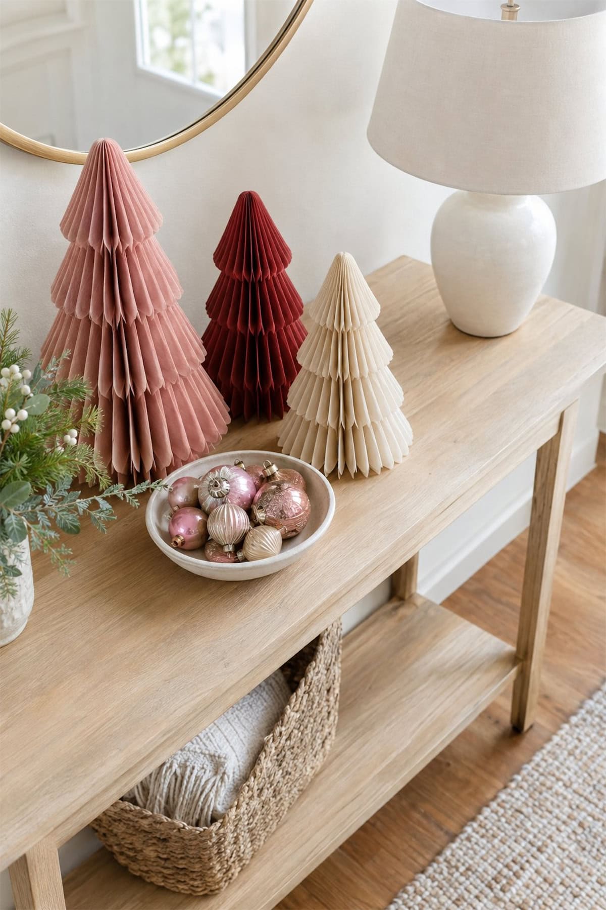 Pink Paper Trees on an Entry Table at Christmas