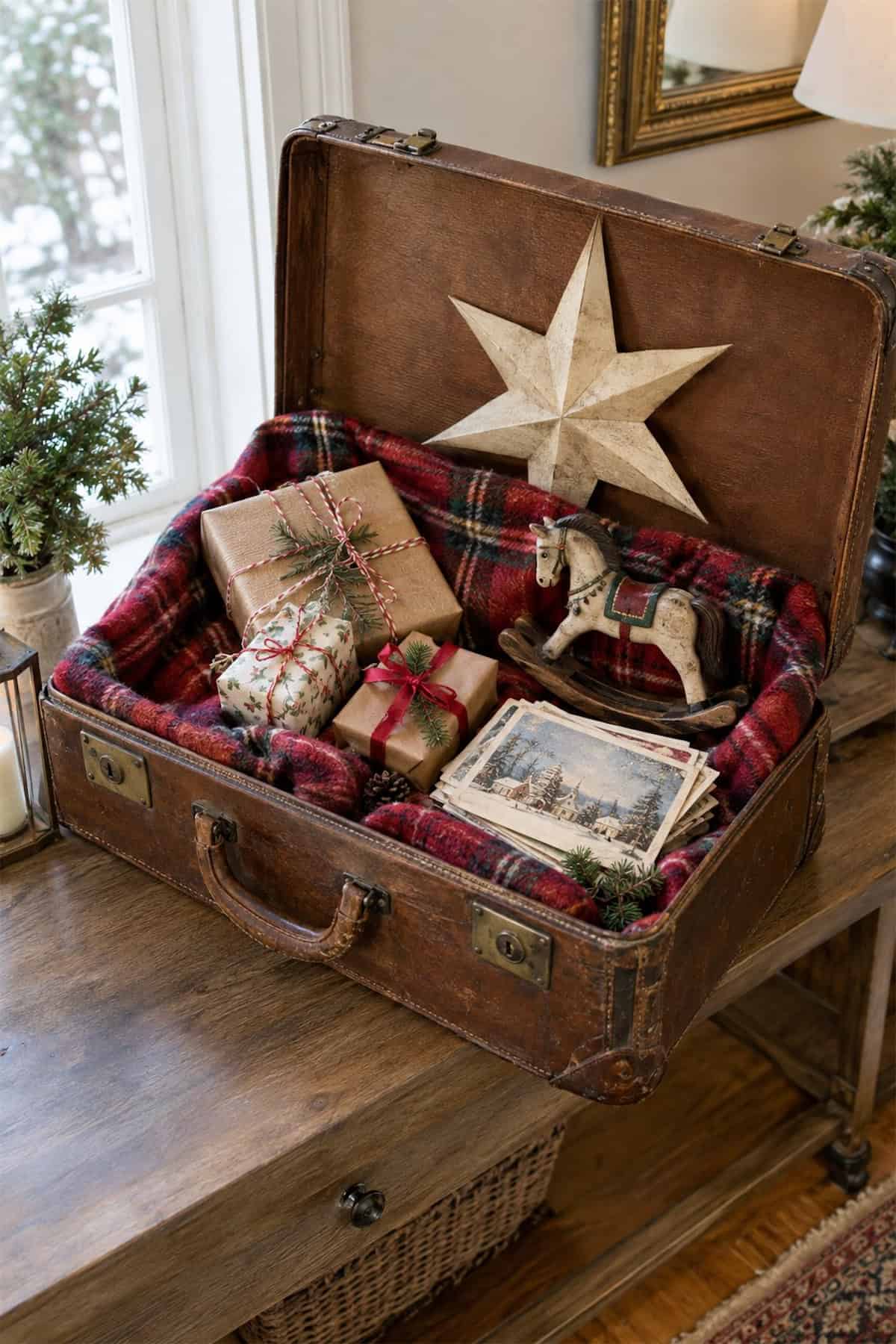 Vintage Suitcase Christmas Display for the Entry Table