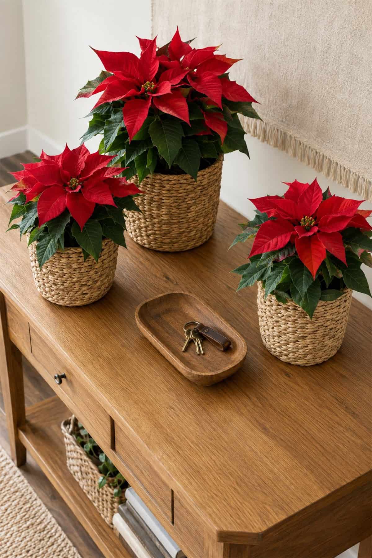 Christmas Poinsettias Across an Entry Table