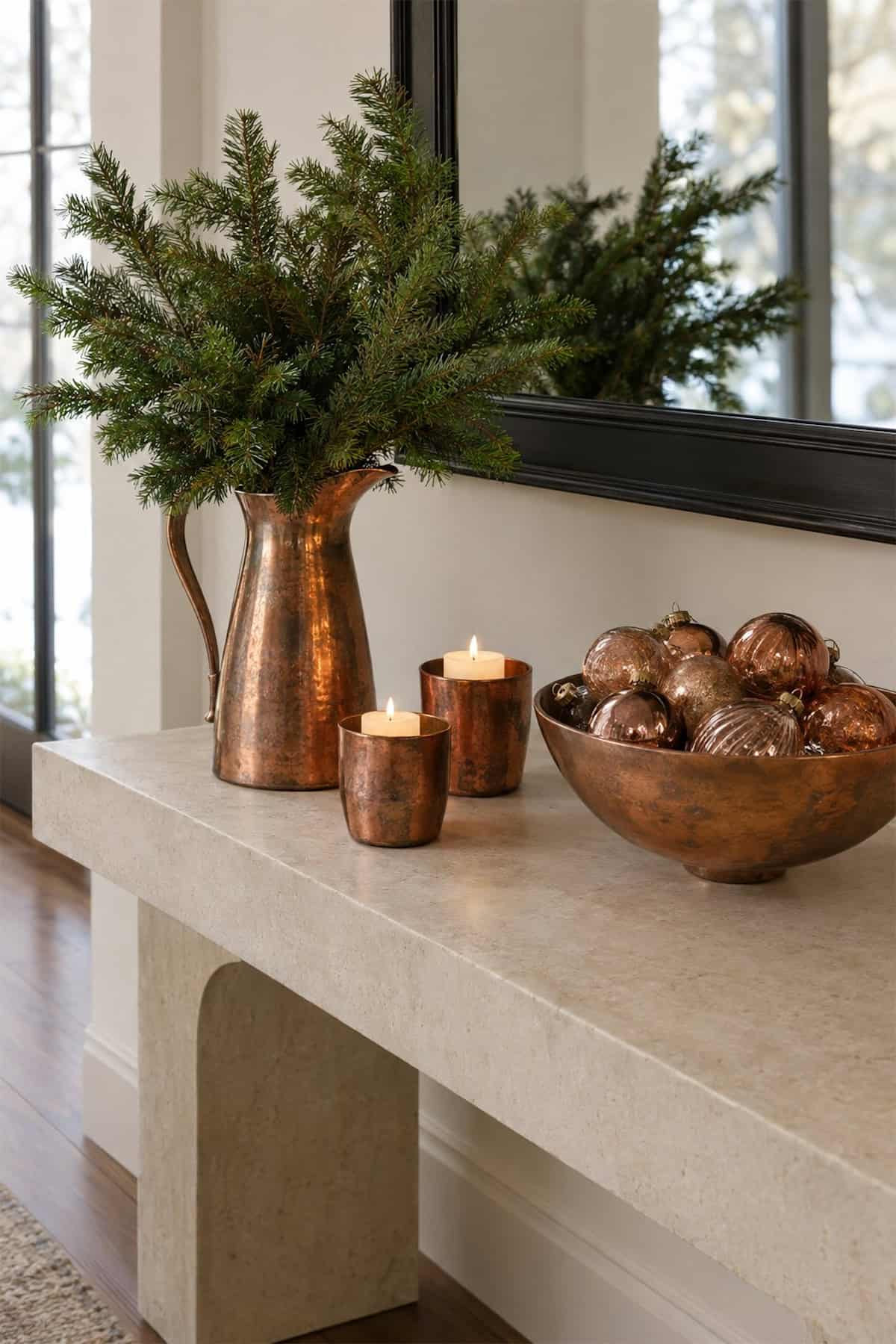 Copper Christmas Accents on the Entry Table