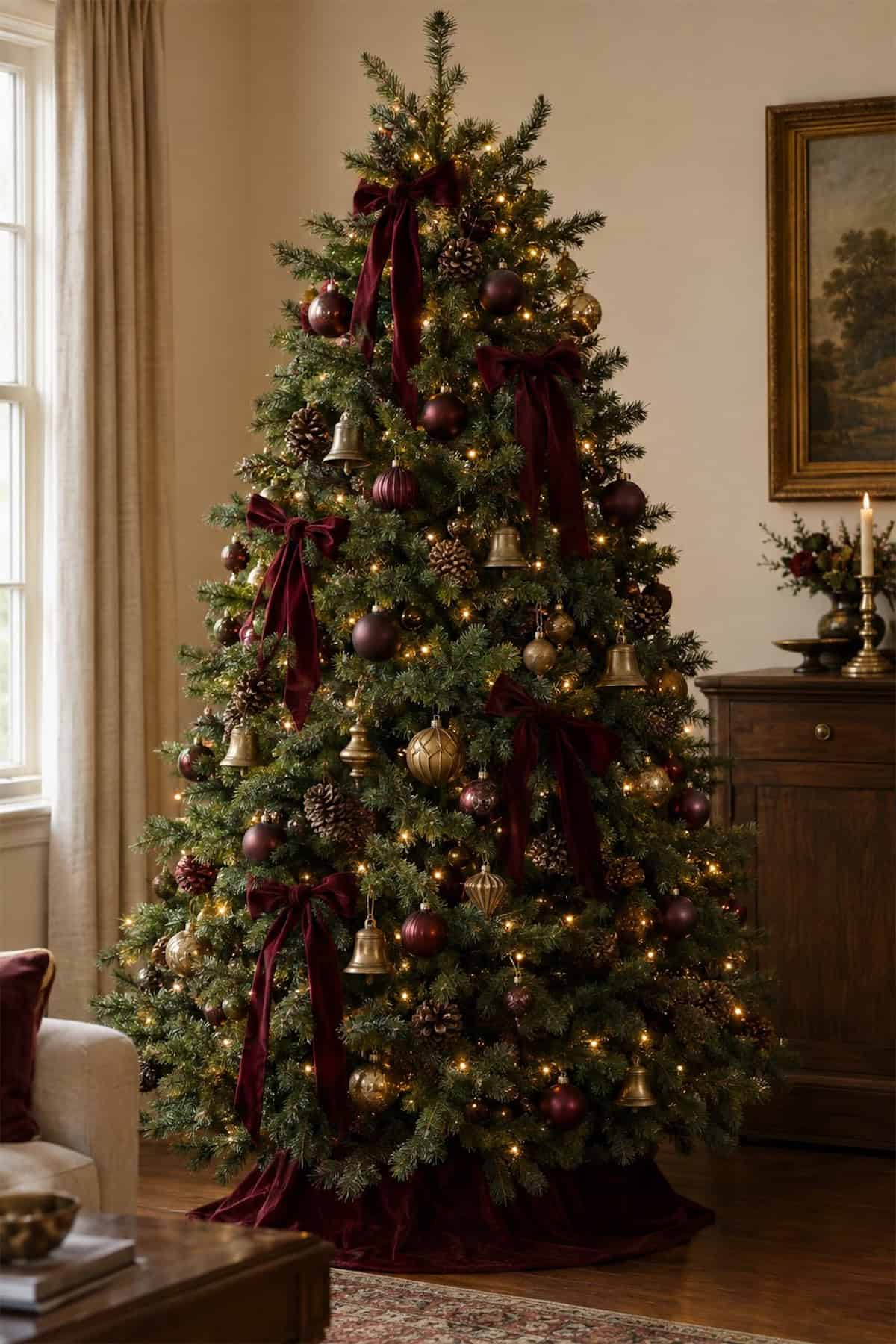 Burgundy Bows on a Christmas Tree