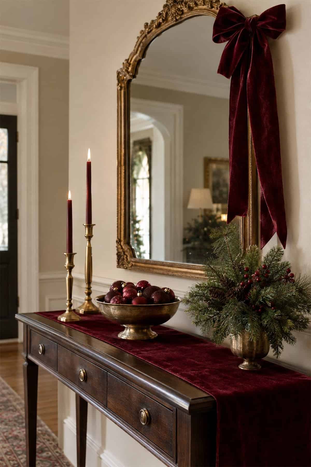Burgundy Velvet Across the Christmas Entry Console