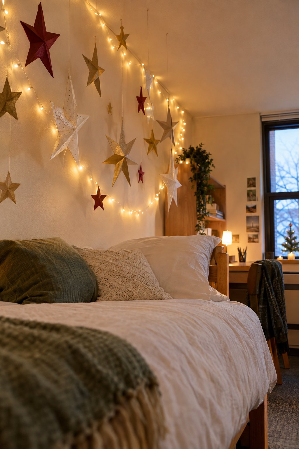 Christmas Stars Above a Dorm Bed
