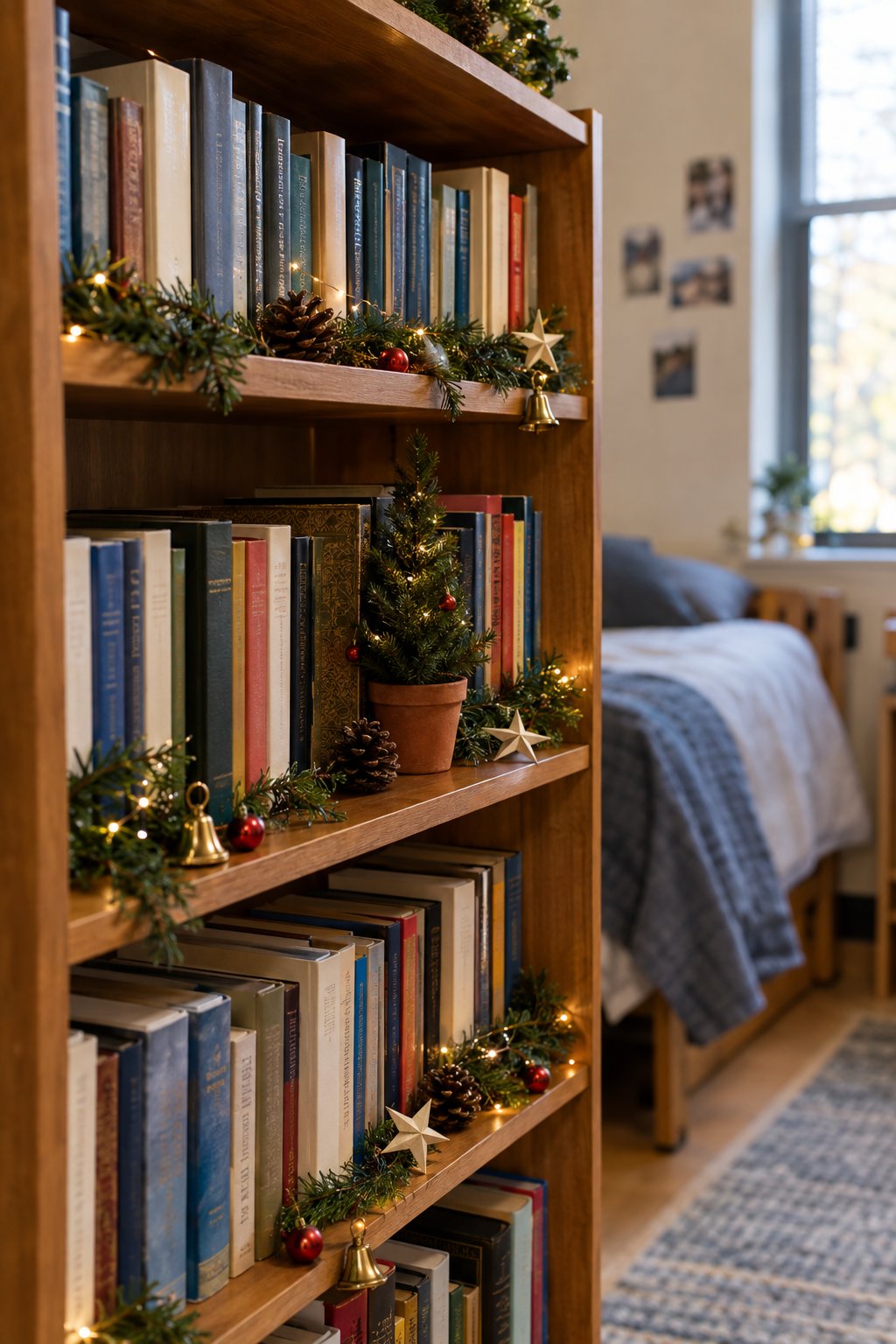 Christmas Greenery Among Dorm Books