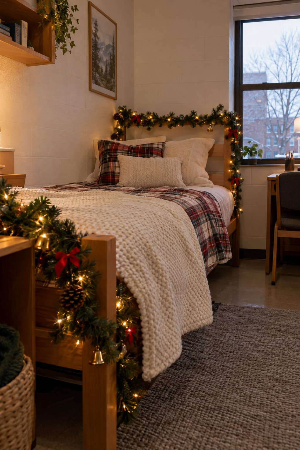 A Garland-Wrapped Dorm Bed Frame