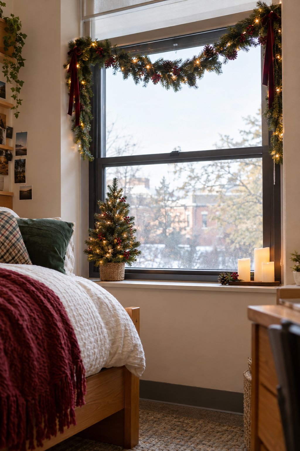 Christmas Garland at the Dorm Window