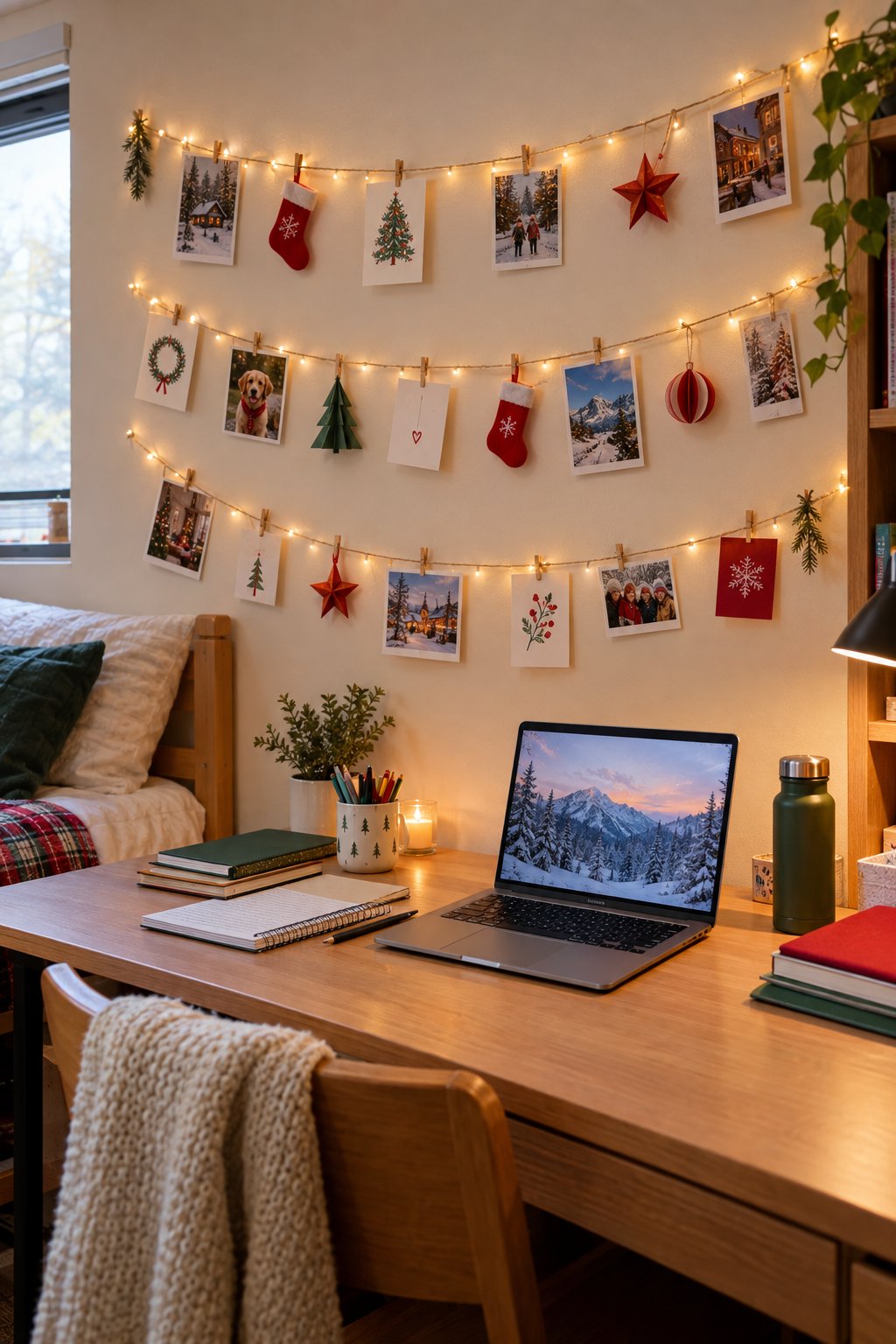 Christmas Photo Lines Above a Dorm Desk