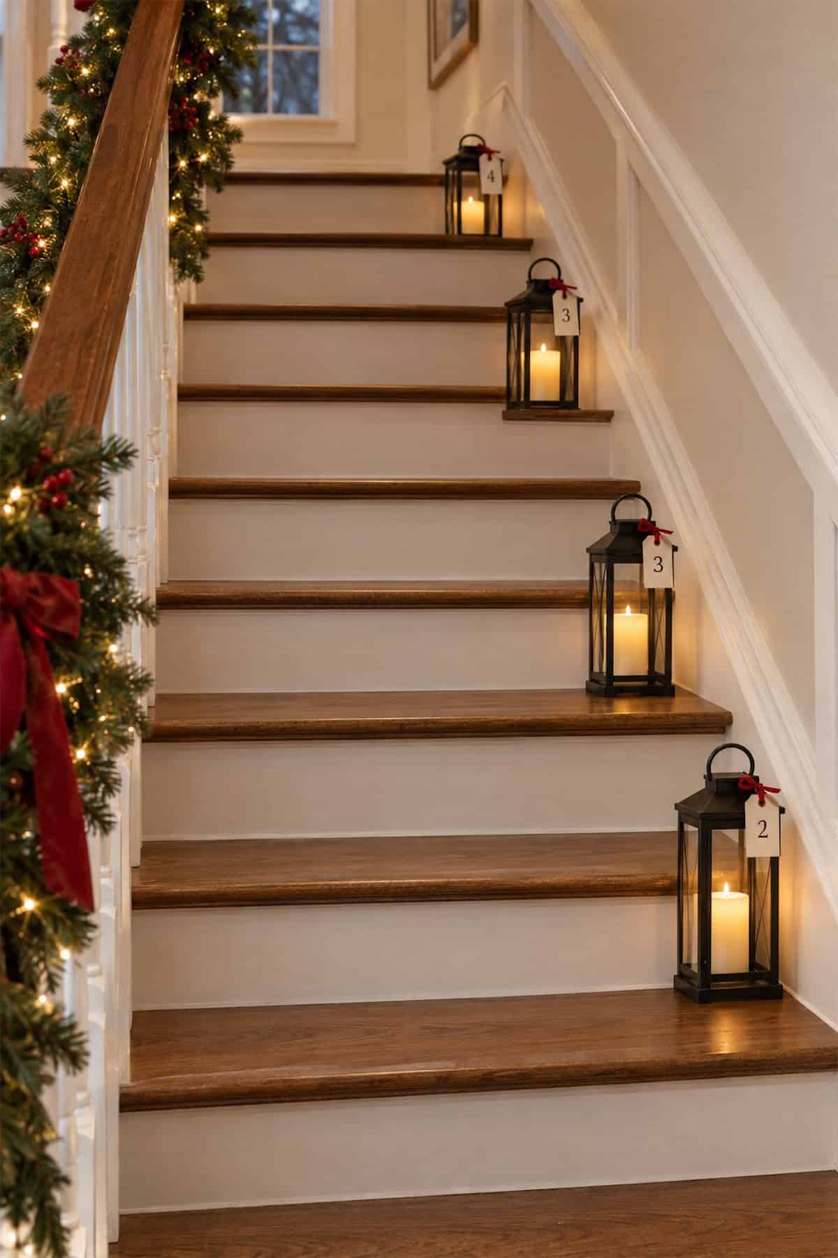 Staircase Christmas Lanterns with Numbered Tags
