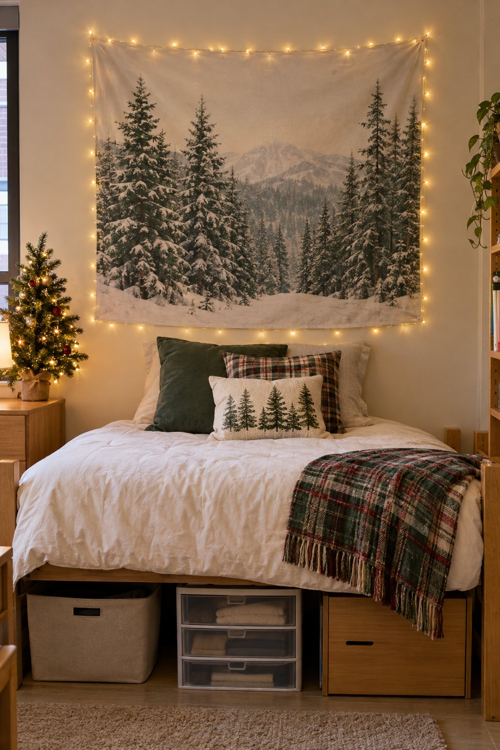 A Christmas Tapestry Behind the Dorm Bed
