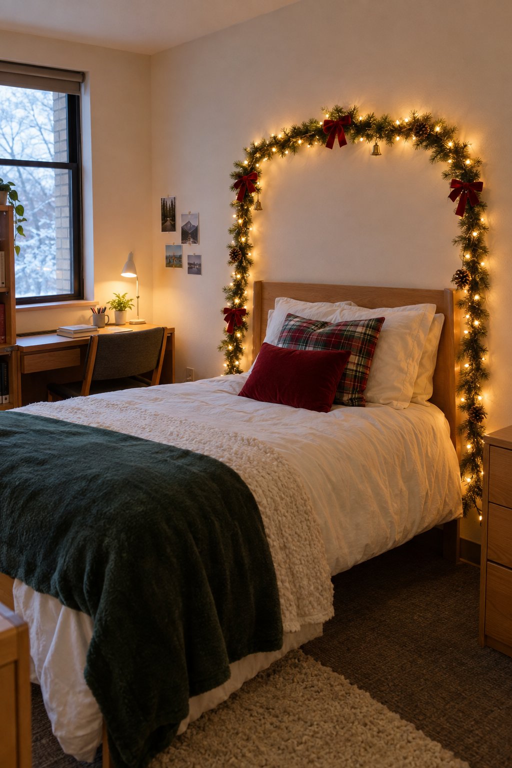 Christmas Garland Over the Dorm Headboard