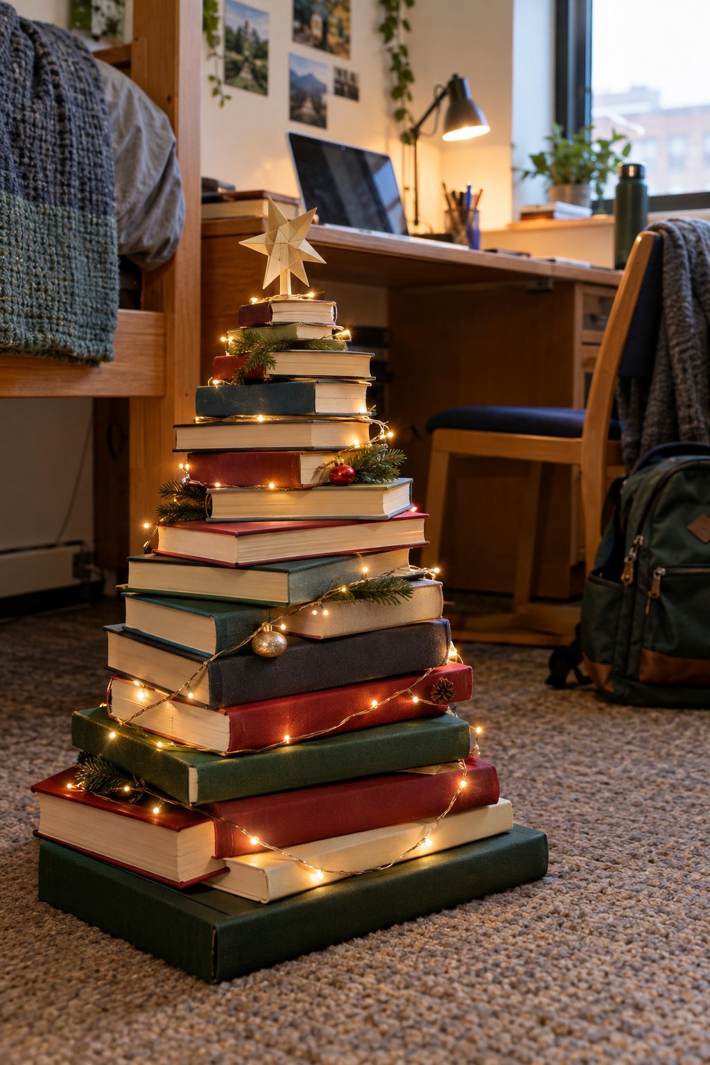 A Christmas Tree Built From Dorm Books