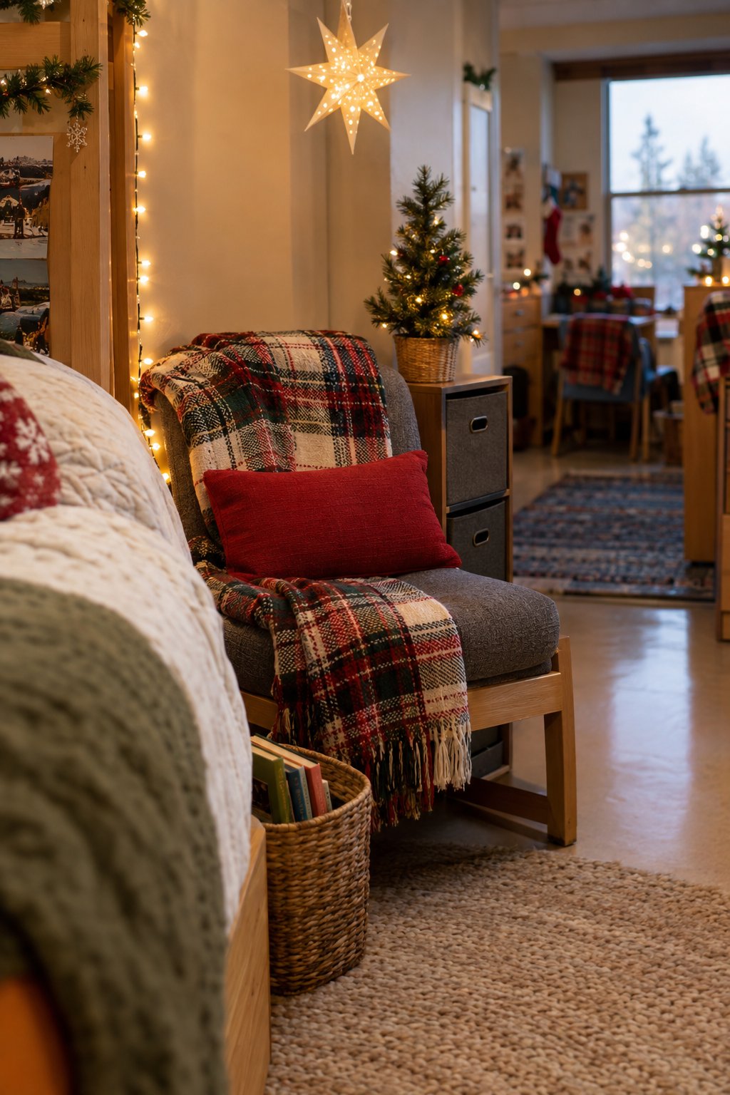 A Christmas Reading Nook Beside the Dorm Bed