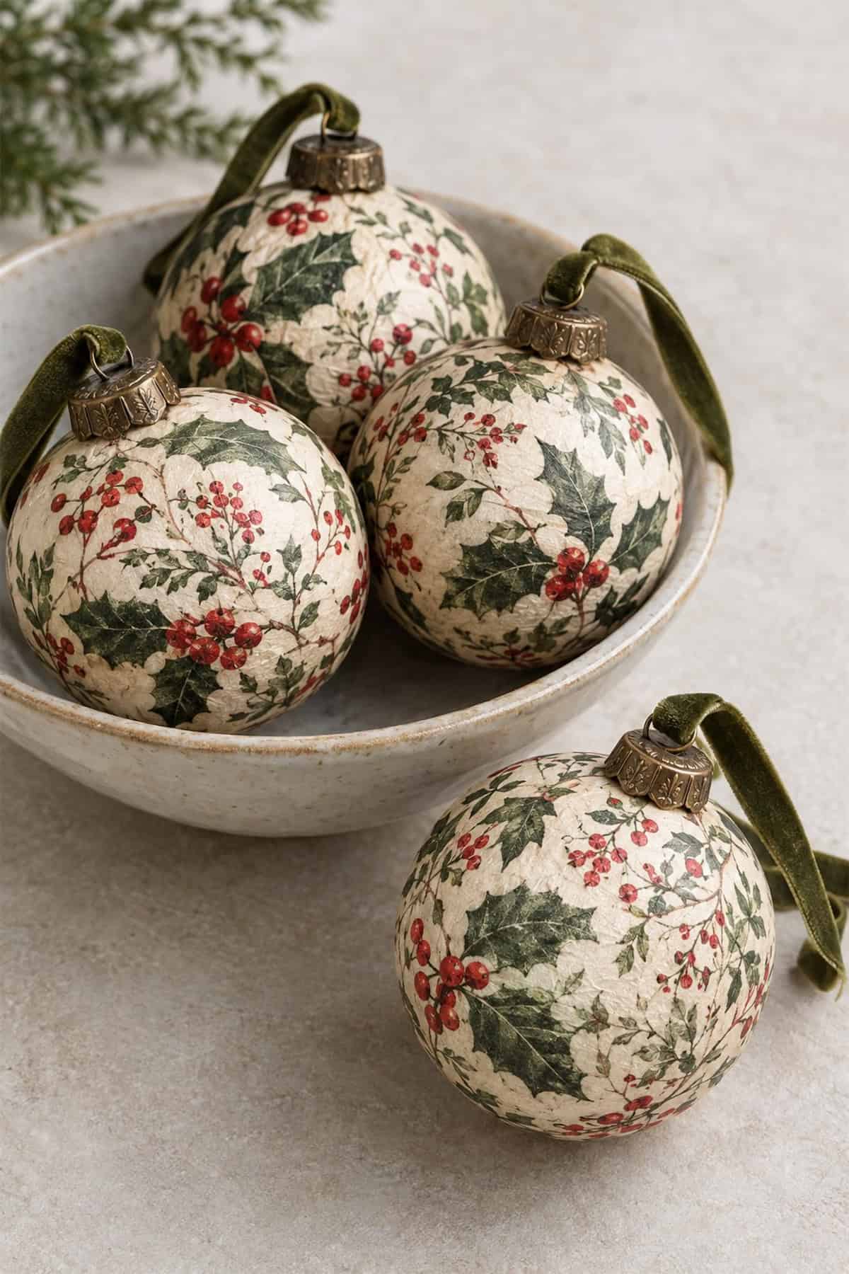 floral decoupage christmas baubles