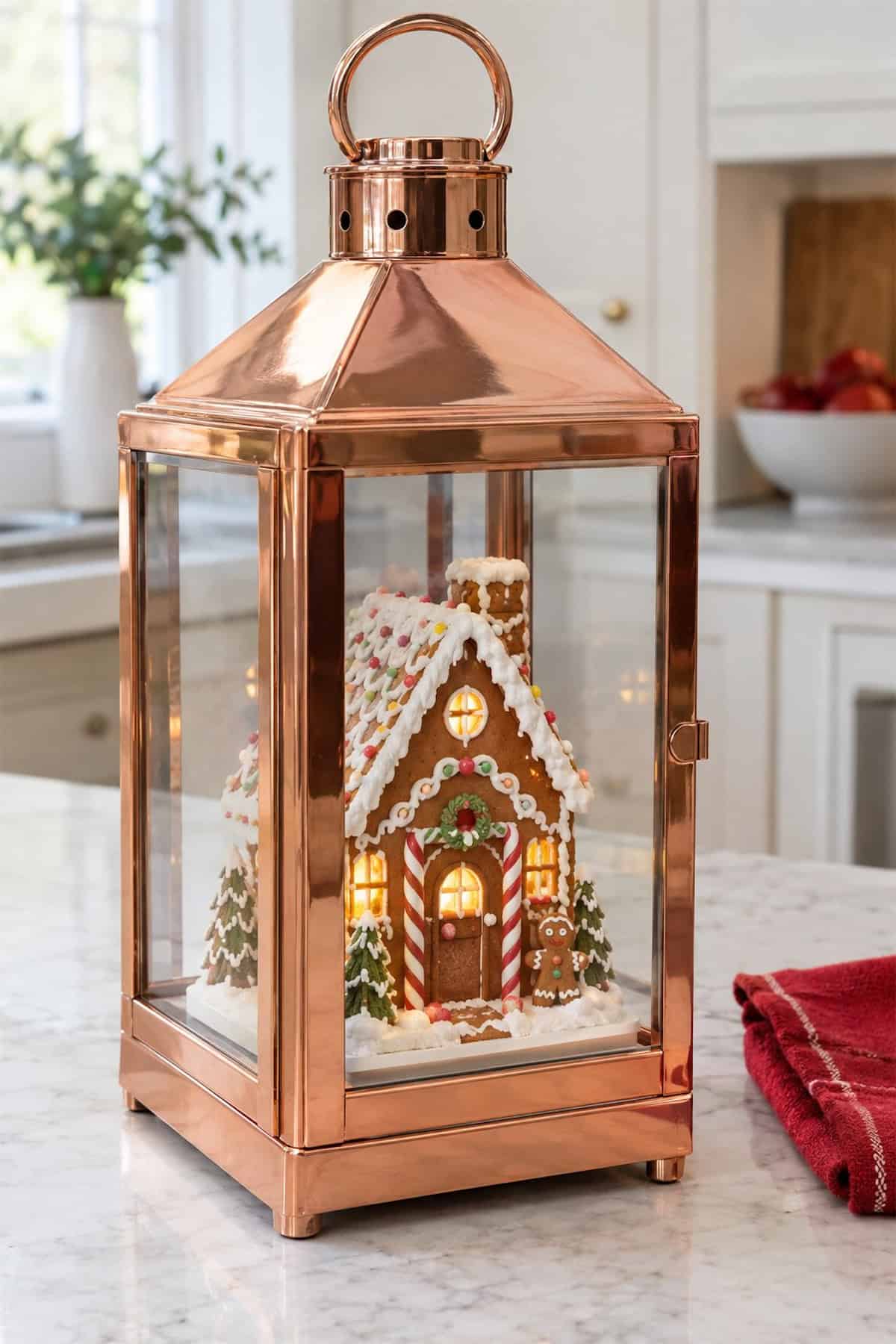 Gingerbread House Inside a Copper Christmas Lantern