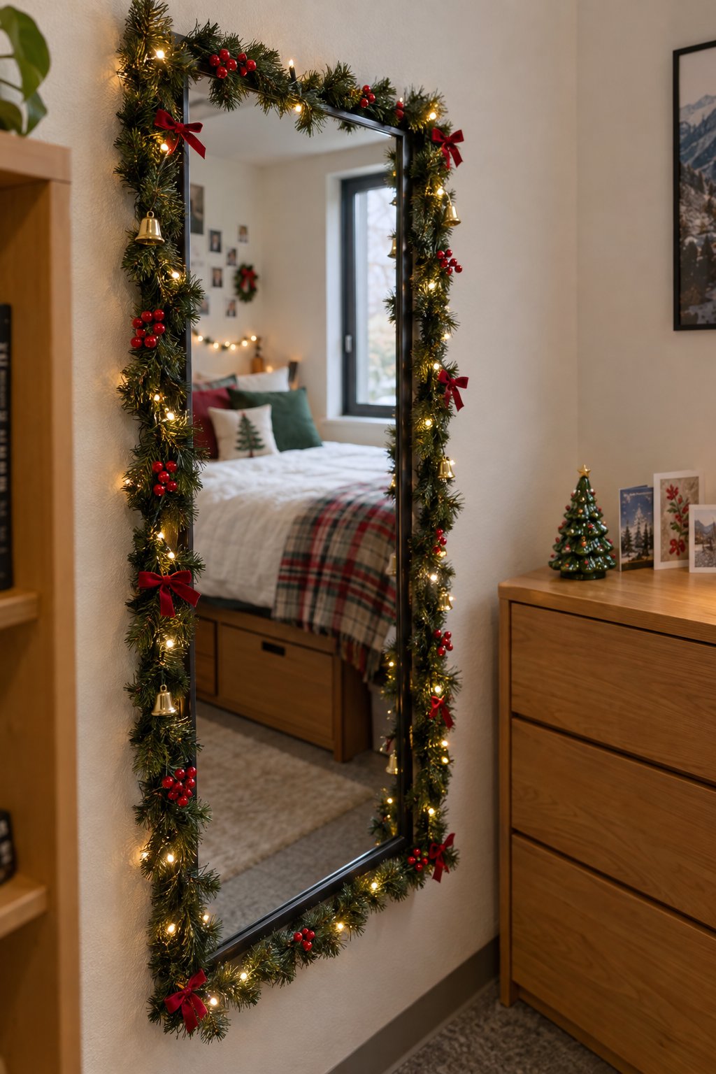 Christmas Garland on a Dorm Mirror