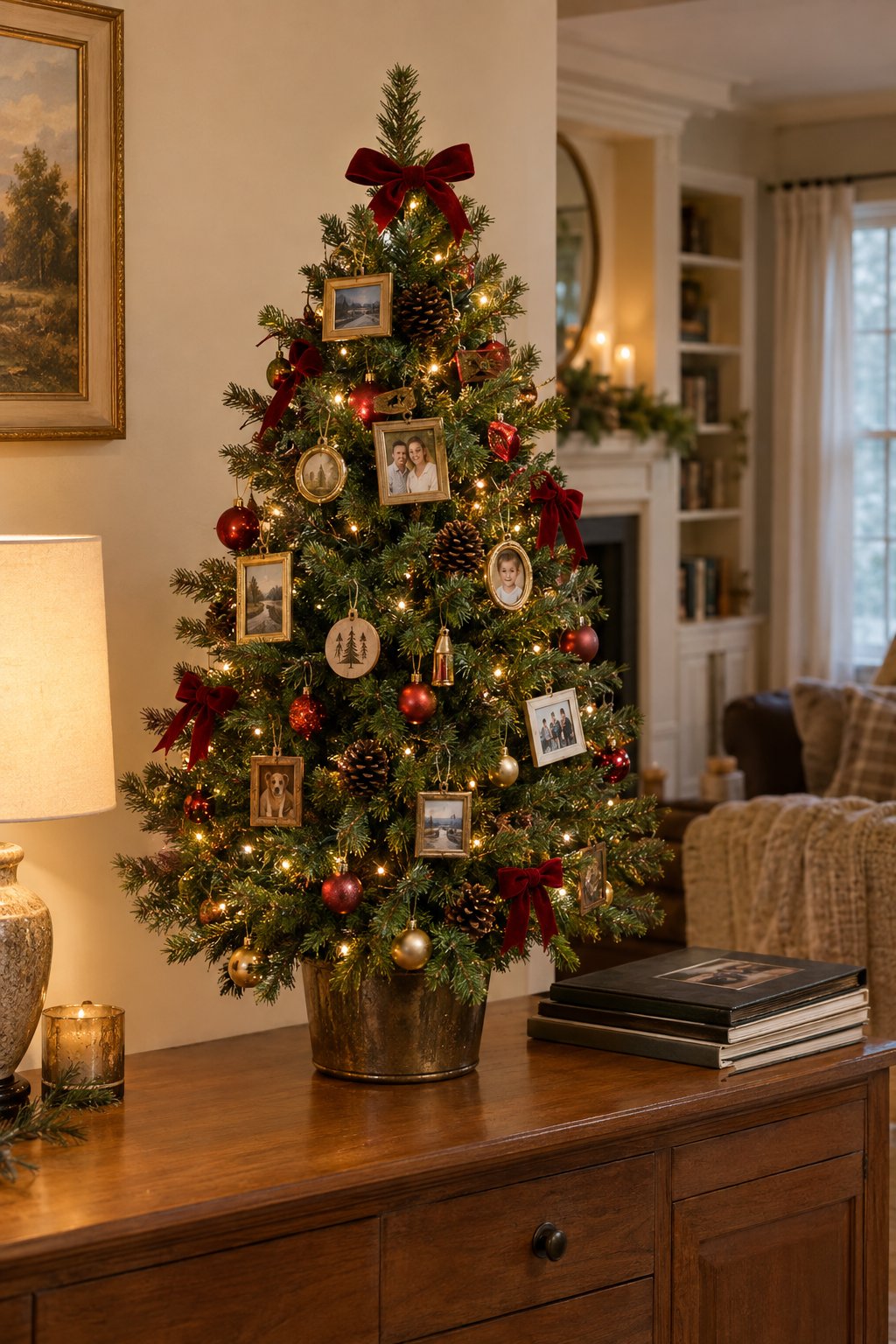 Family Photos on a Tabletop Tree