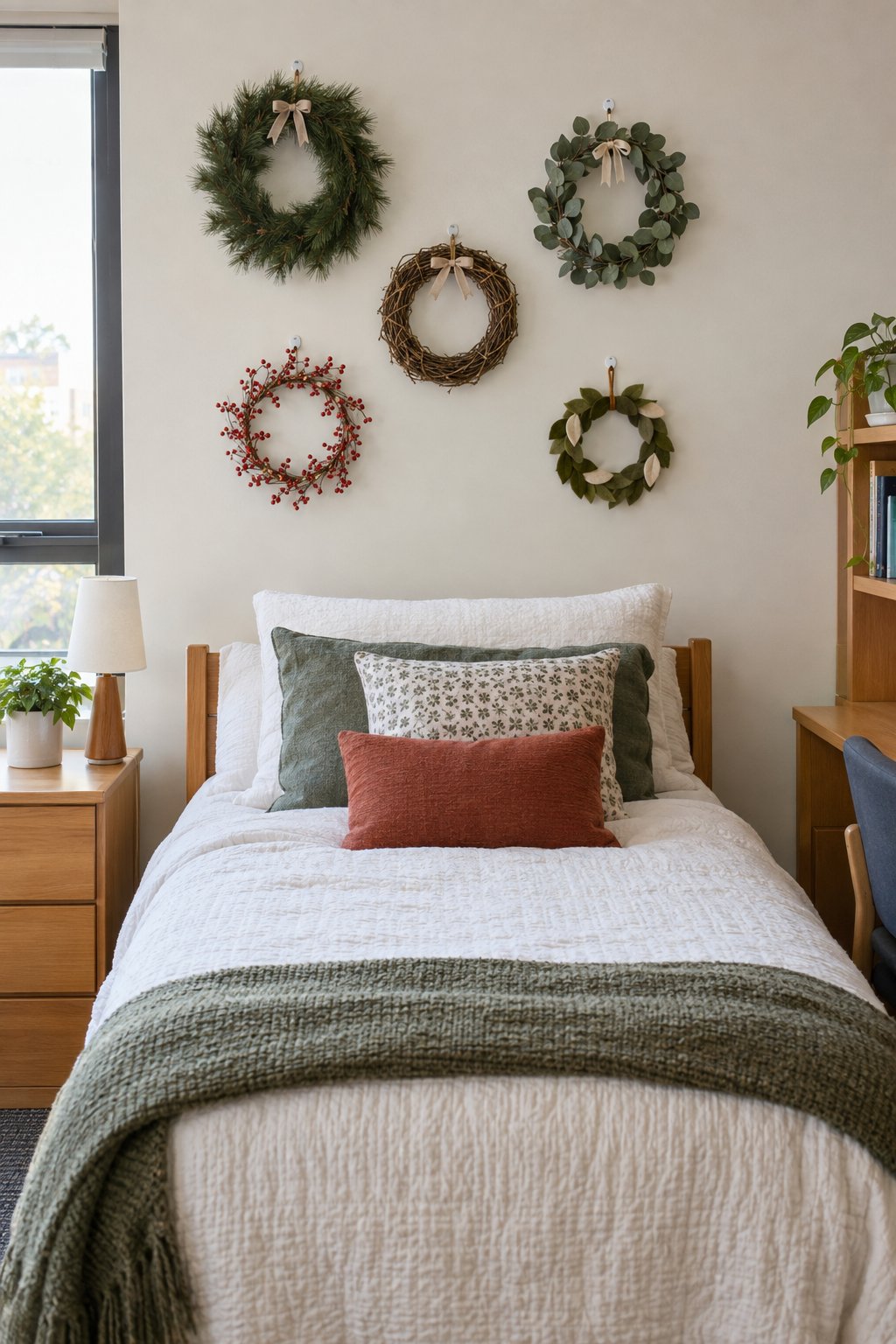 Five Christmas Wreaths Above a Dorm Bed