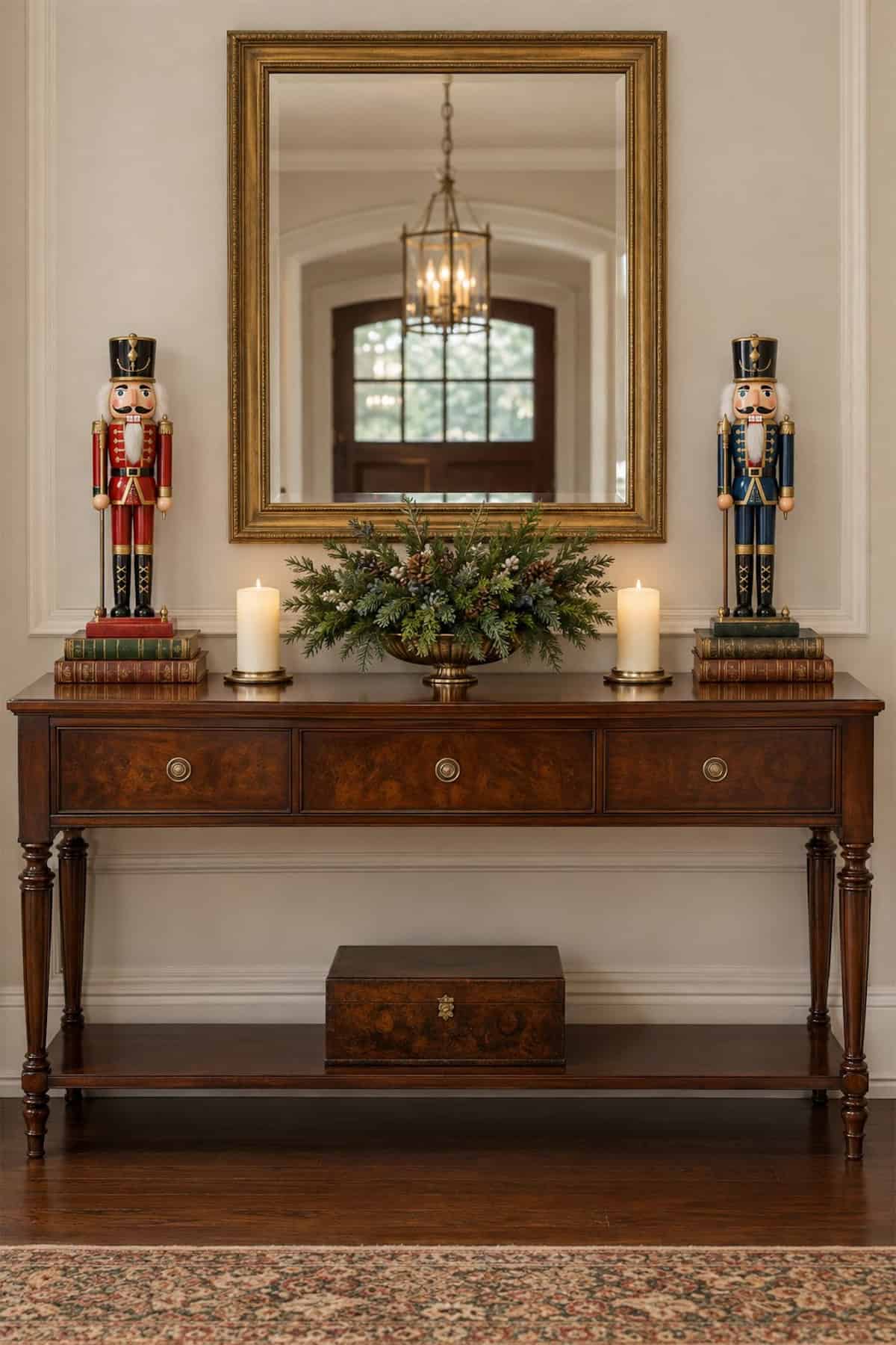 Nutcrackers Flank the Christmas Entry Console
