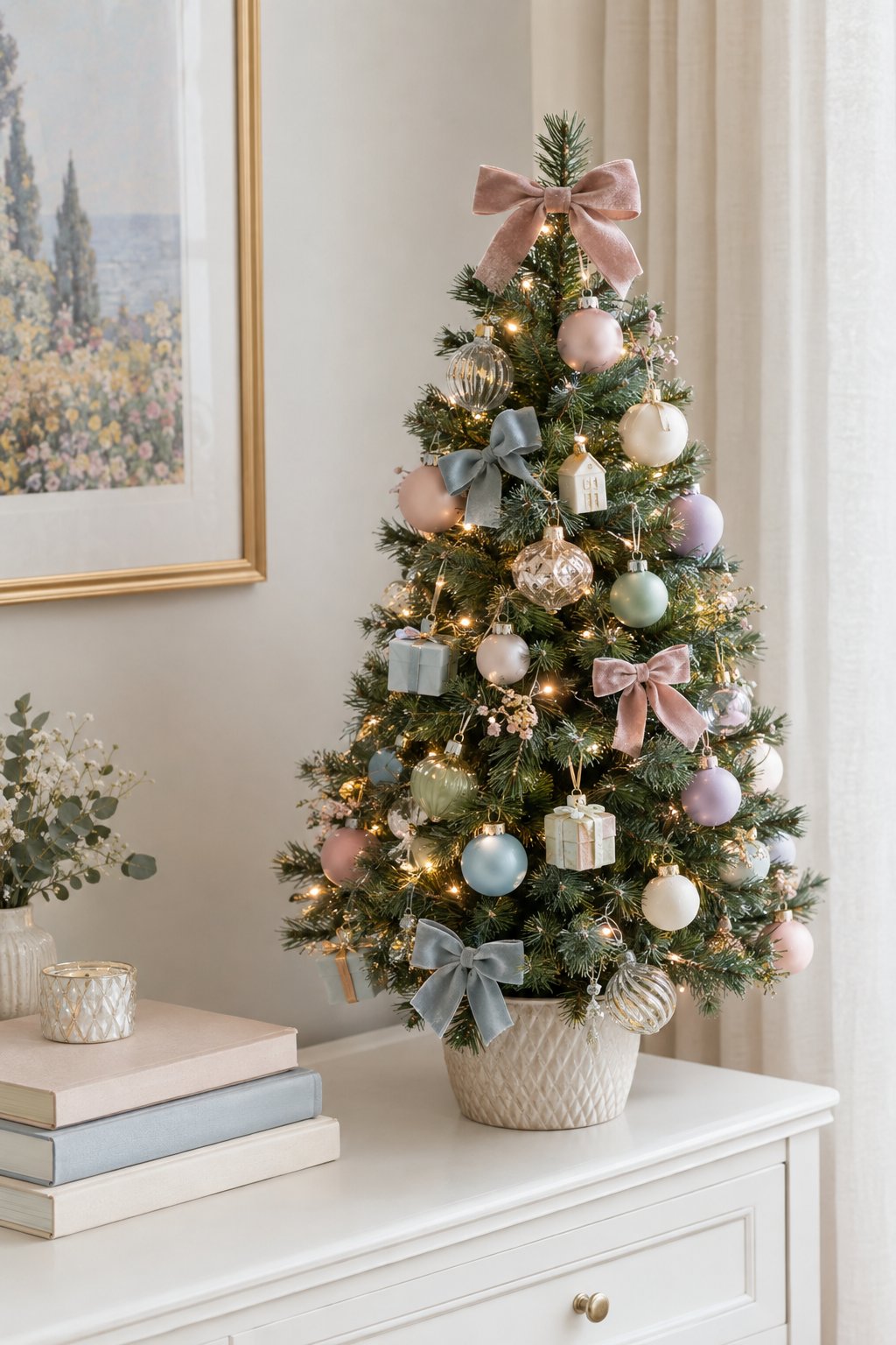 Pastel Ornaments on a Tabletop Tree