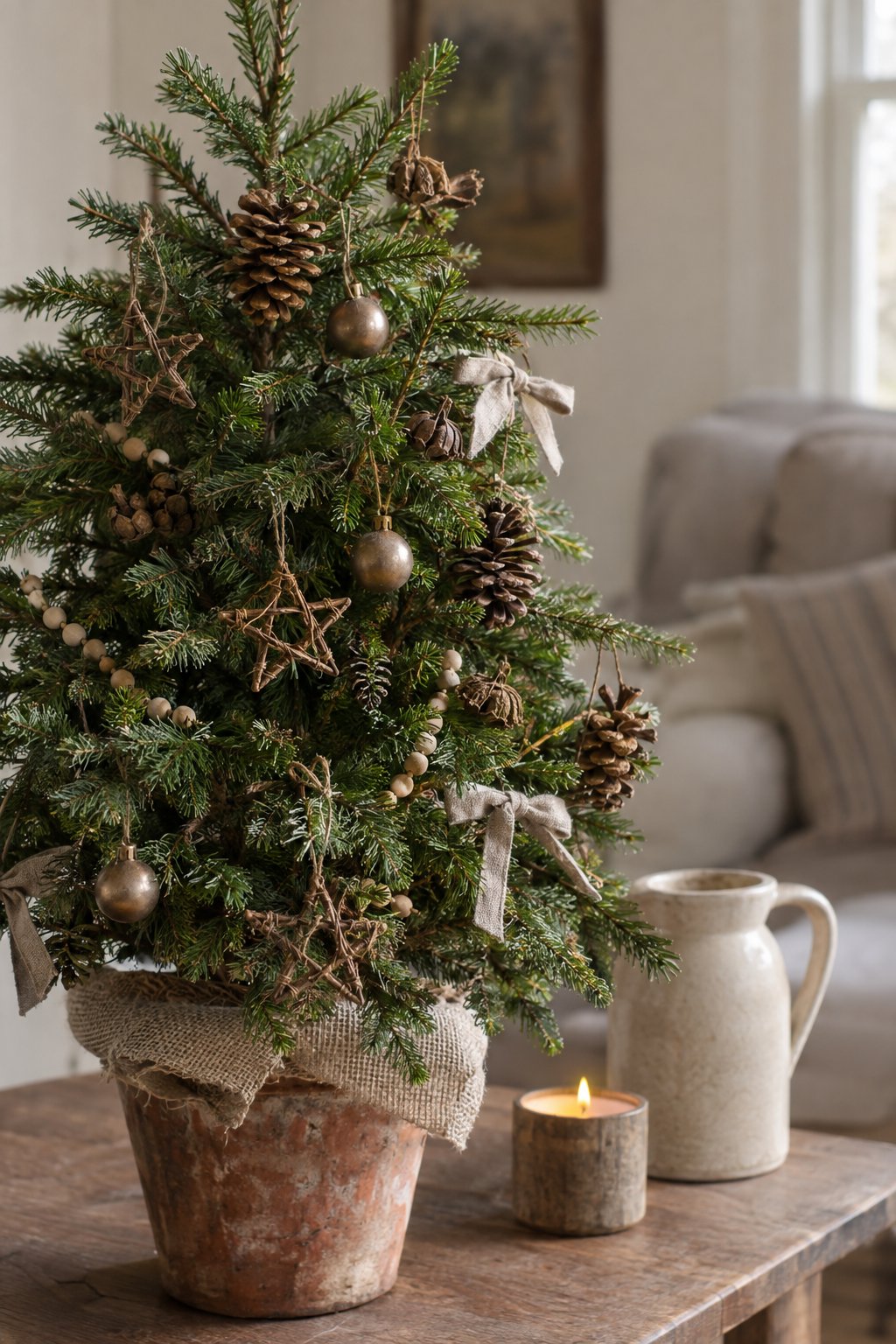 Pinecones on a Potted Tabletop Tree