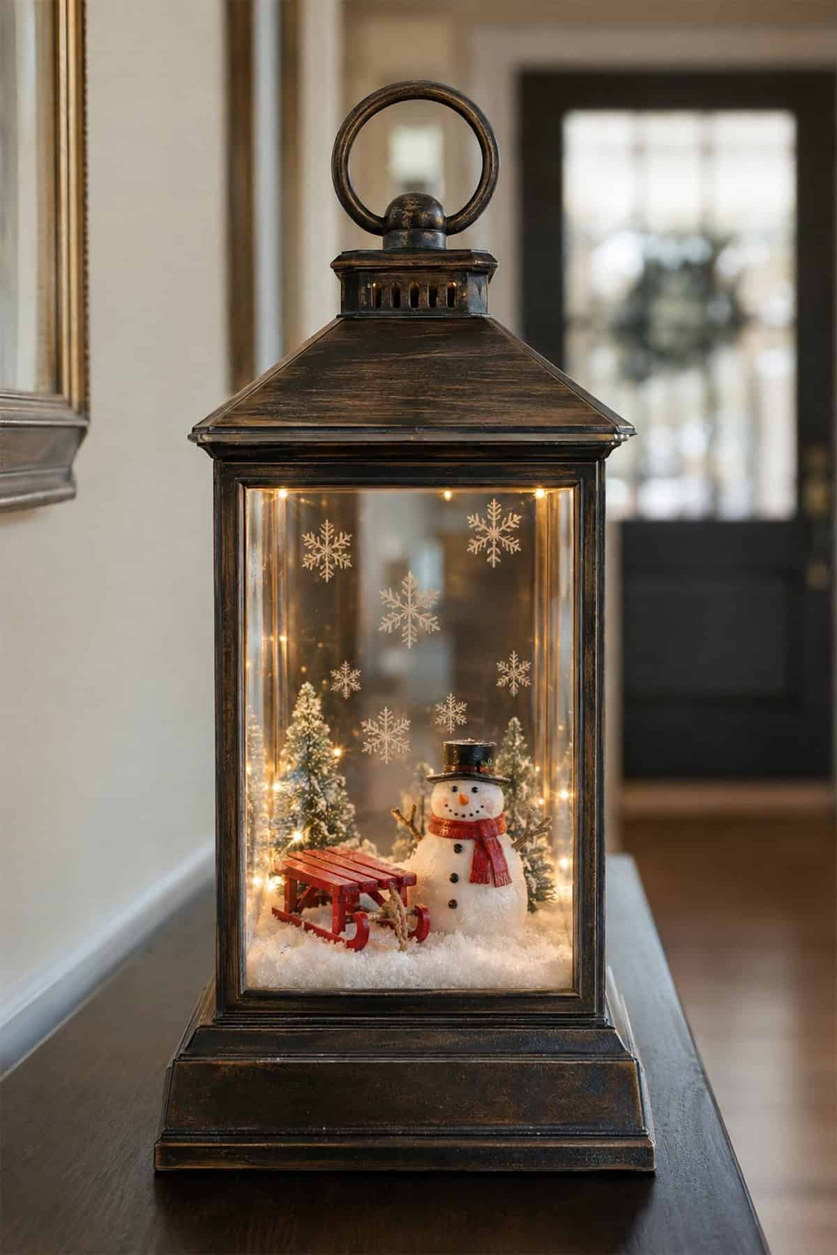 A Snow-Globe Scene in a Christmas Lantern