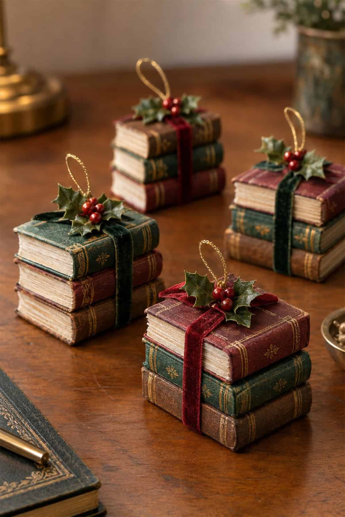 tiny book stack ornaments